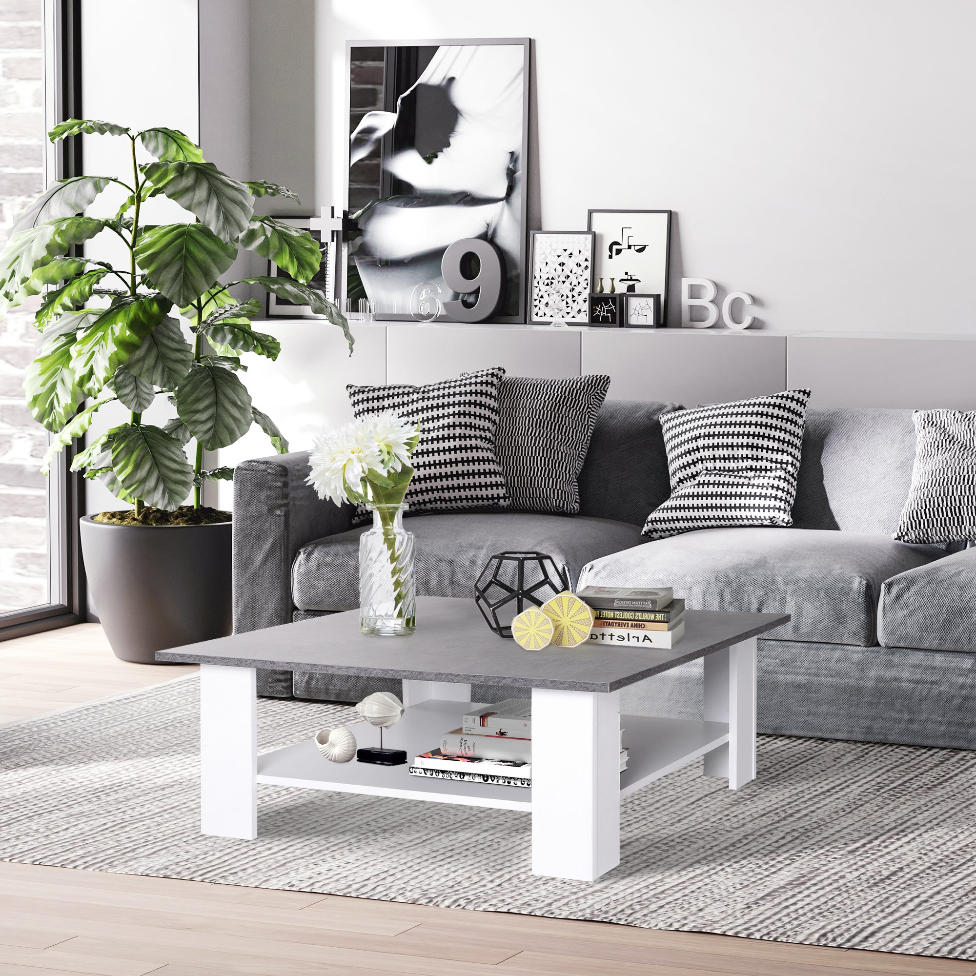 HOMCOM Square Coffee Table, Wooden Coffee Table with Storage, Cocktail Center Tea Table for Home Office, 80W x 80D x 31.5Hcm, Grey and White - North Peak Garden Furniture