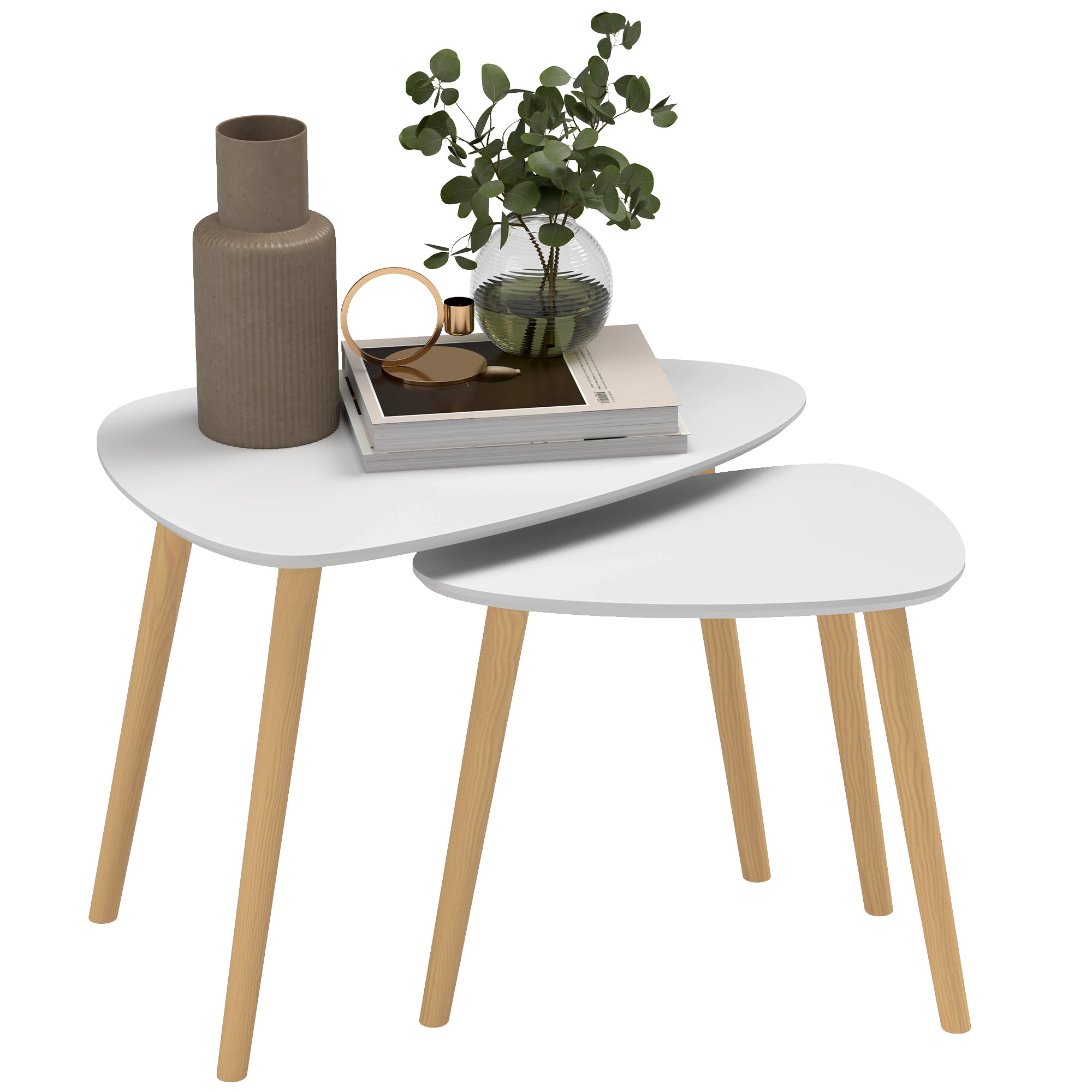 HOMCOM Nesting Coffee Table, Set of 2 Side Tables, Stacking End Tables with Solid Wood Legs, for Living Room Bedroom, Light Grey - North Peak Garden Furniture