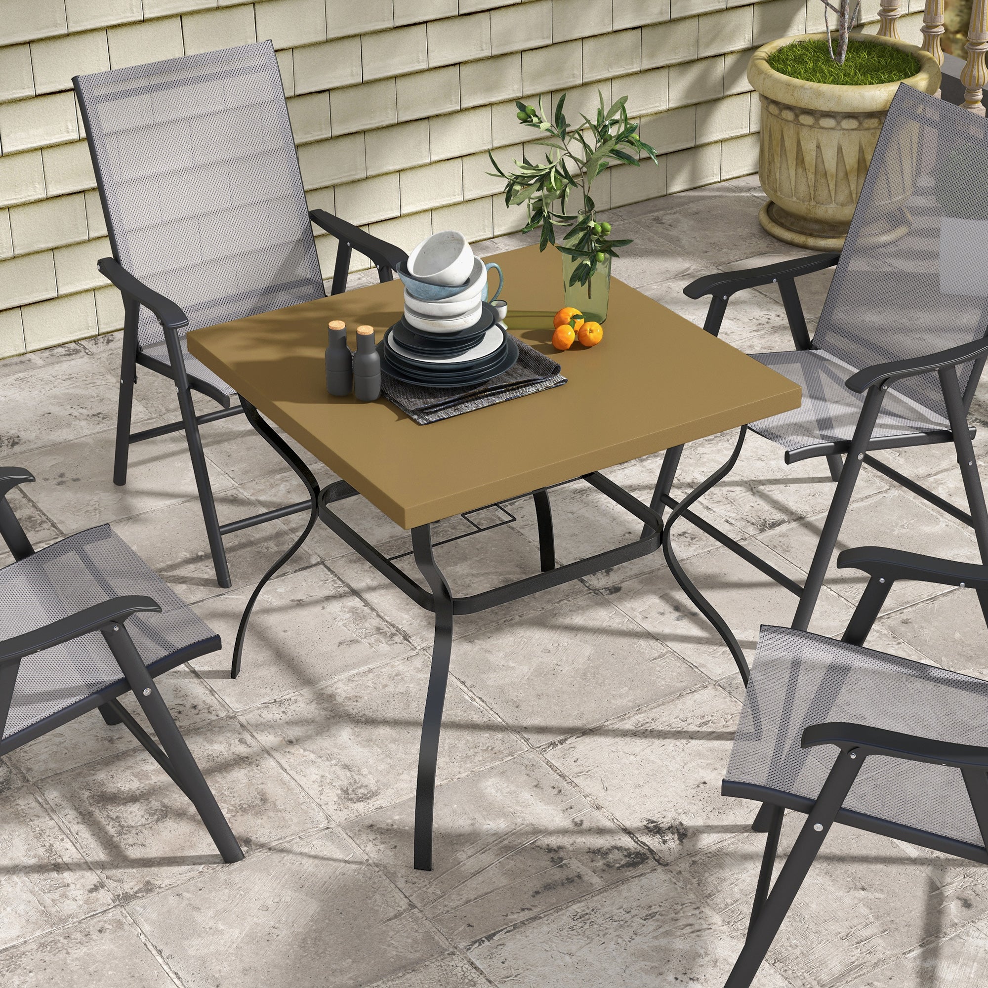 Outsunny Four-Seater Steel Garden Table, with Parasol Hole - Brown/Black - North Peak Garden Furniture