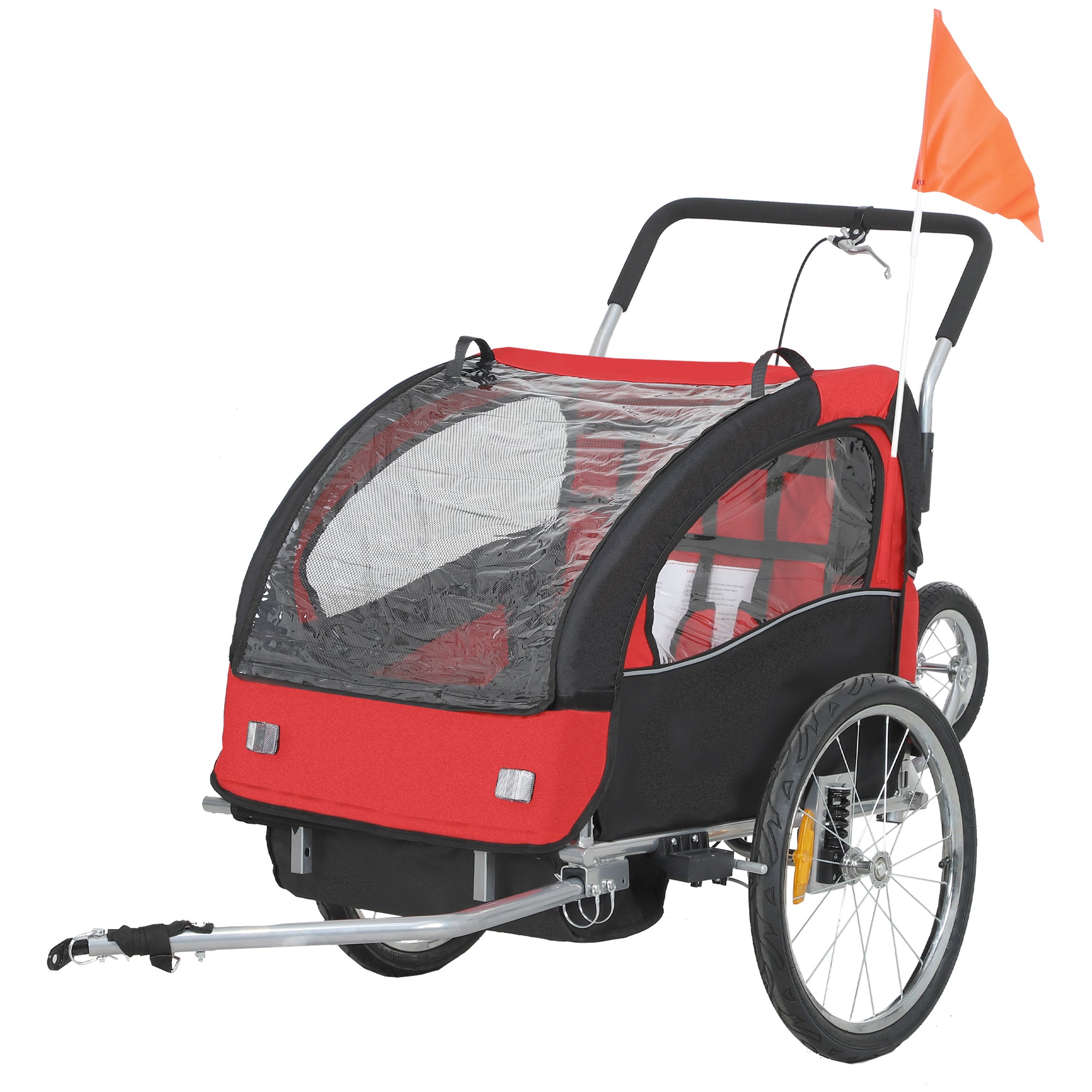 HOMCOM 2 Seat Bike Trailer with 5 Point Harness, Baby Bike Stroller with Safety Flag, Reflectors, for 18+ Months, Red - North Peak Garden Furniture