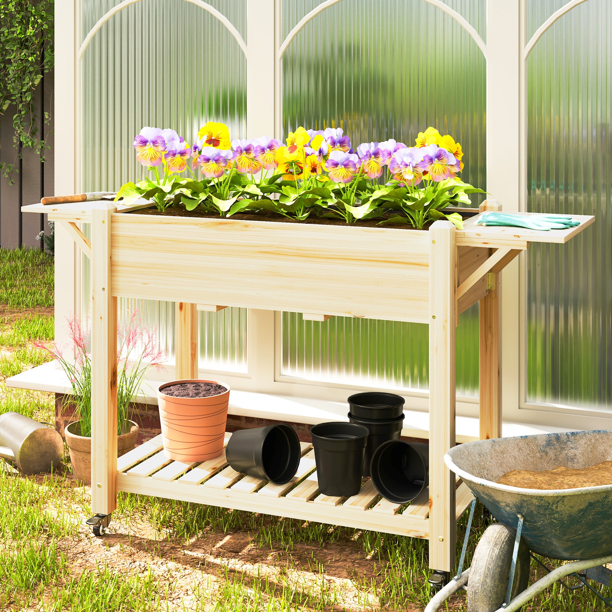 Outsunny 46 x 94cm Wooden Raised Planter, with Shelves - Natural Finish - North Peak Garden Furniture