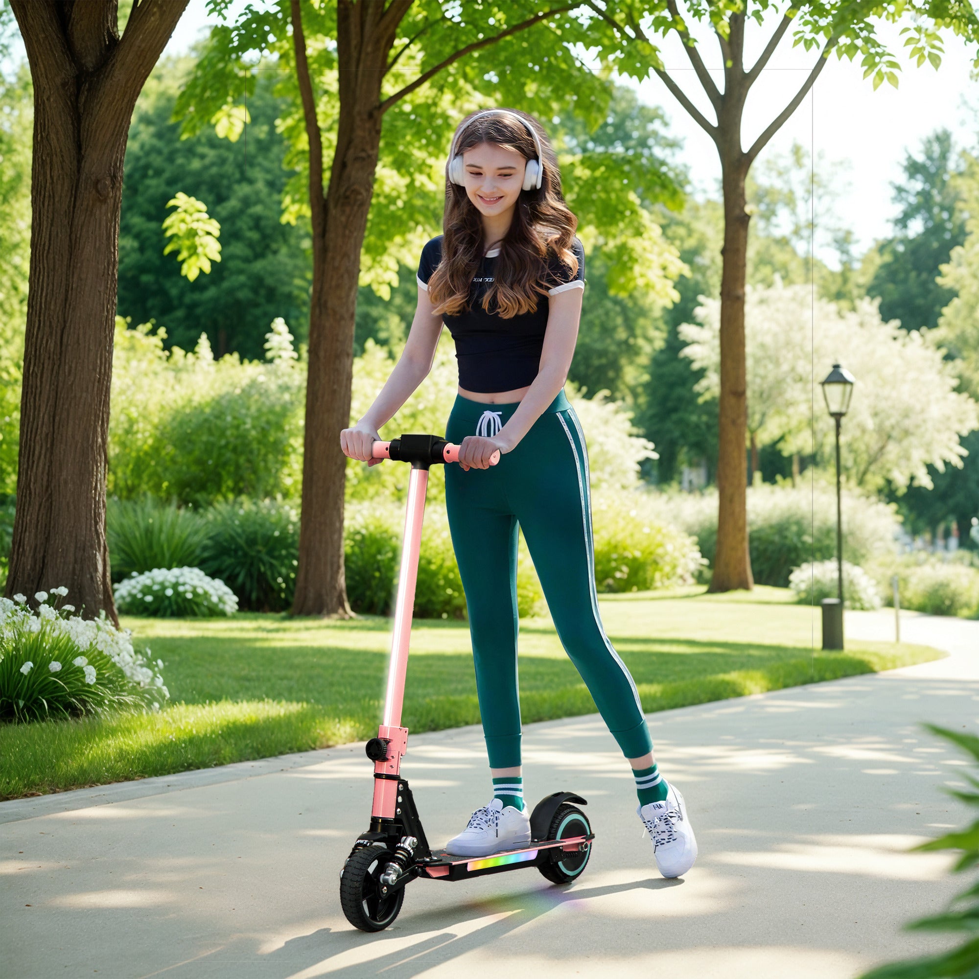 SPORTNOW Folding Electric Scooter for Kids Age 6-14 with Dual Brakes, Front Suspension, LED Colourful Lights and Display, 6.8kg Lightweight Aluminium E Scooter, Up to 14 KM/H & 6 KM, Pink - North Peak Garden Furniture