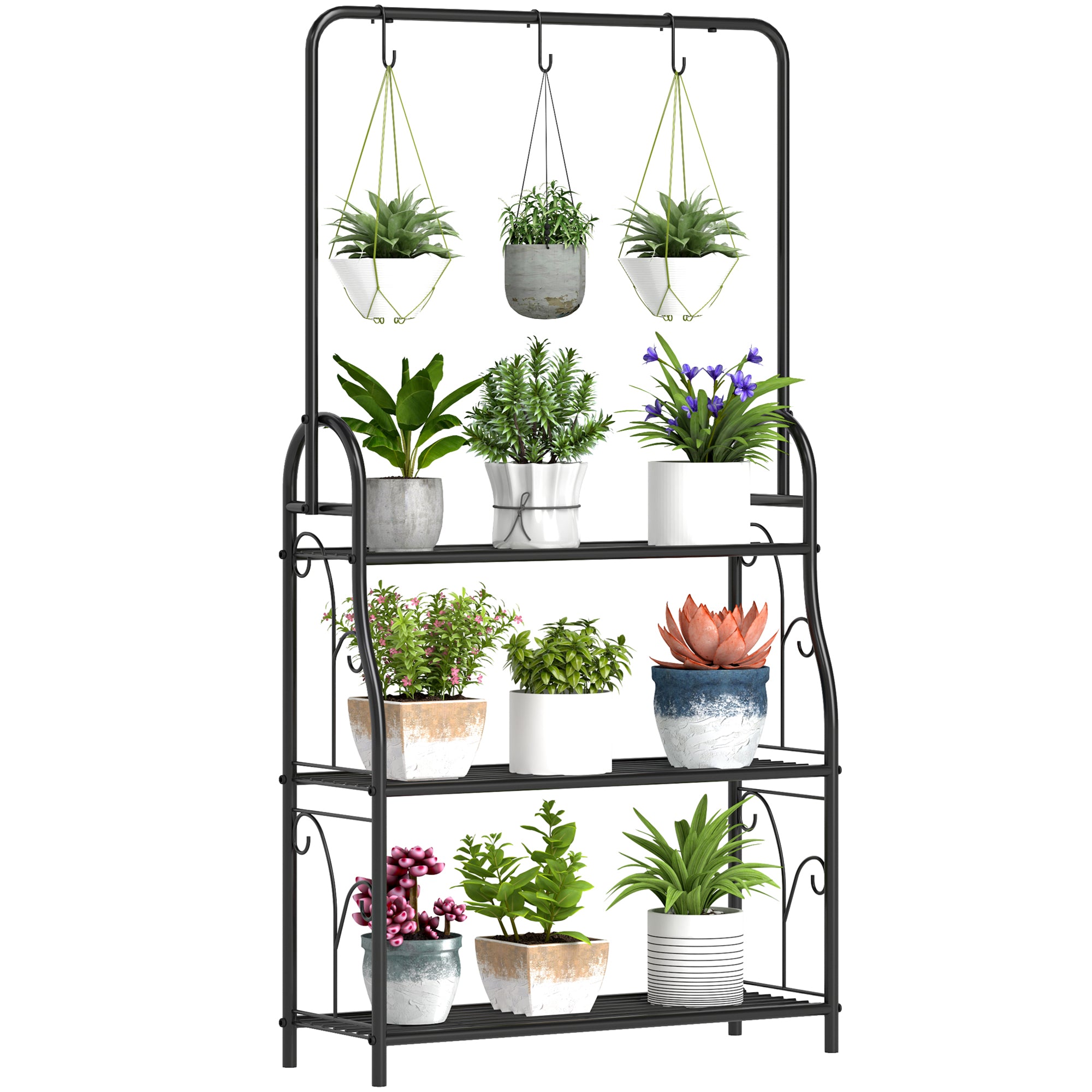 Outsunny 3 Tier Plant Stand with Hanging Rod and Hooks, Metal Plant Rack Shelf, Ladder Flower Pot for Indoor Outdoor Porch Balcony Living Room Bedroom, Black - North Peak Garden Furniture