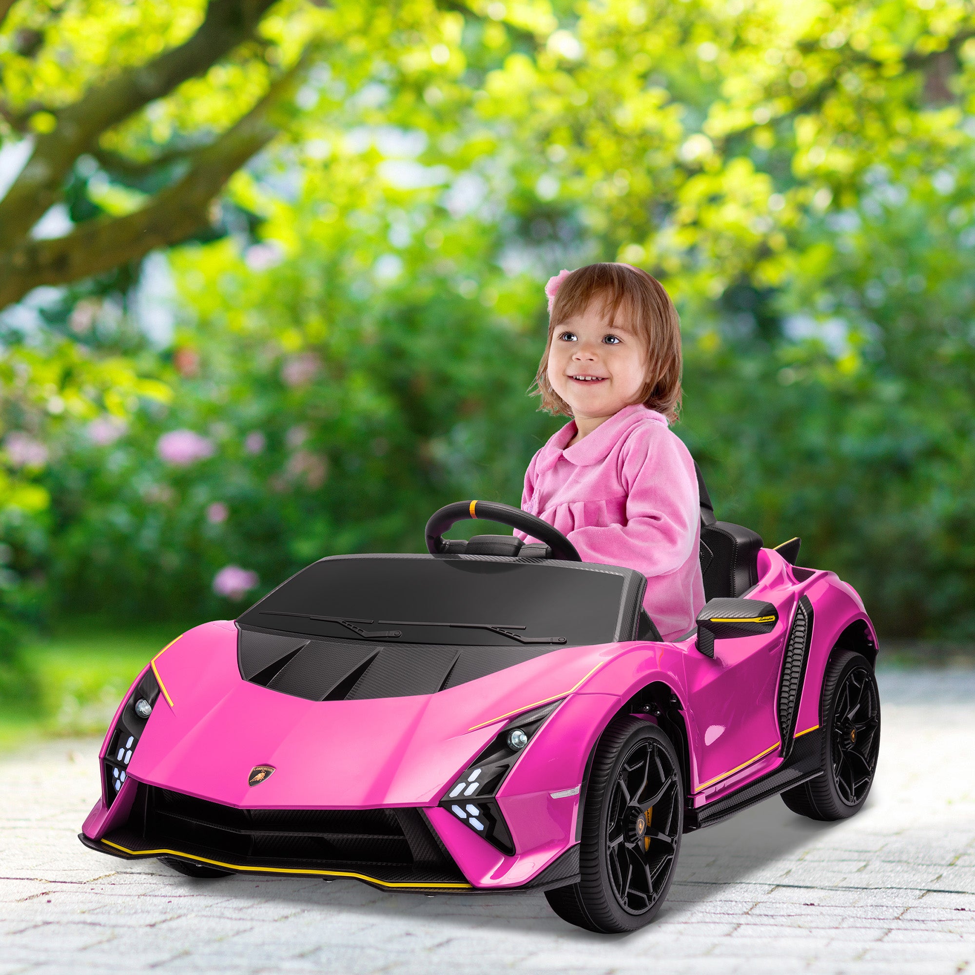 AIYAPLAY 12V Lamborghini Autentica Licensed Kids Electric Car with Remote Control, 4 Suspension Wheels, Soft Start, Pink - North Peak Garden Furniture