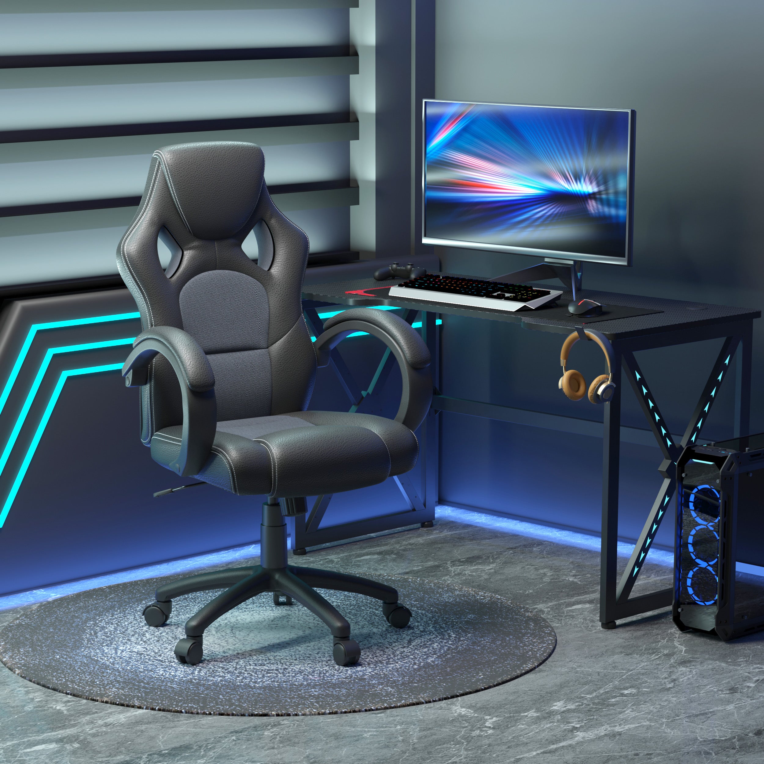Vinsetto High-Back Office Chair Faux Leather Swivel Computer Desk Chair for Home Office with Wheels Armrests Black - North Peak Garden Furniture