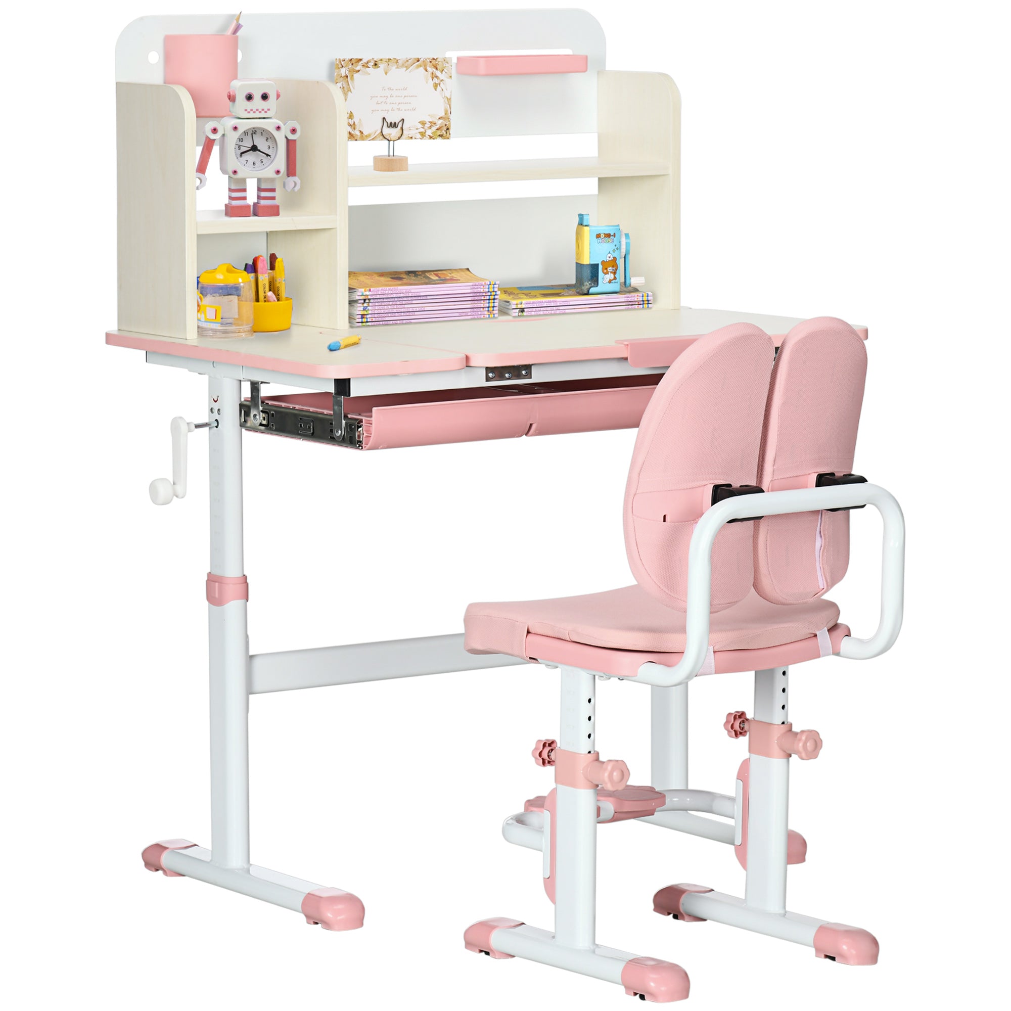 HOMCOM Kids Desk and Chair Set, with Storage Shelves, Washable Cover, for Ages 3-12 Years - Pink - North Peak Garden Furniture