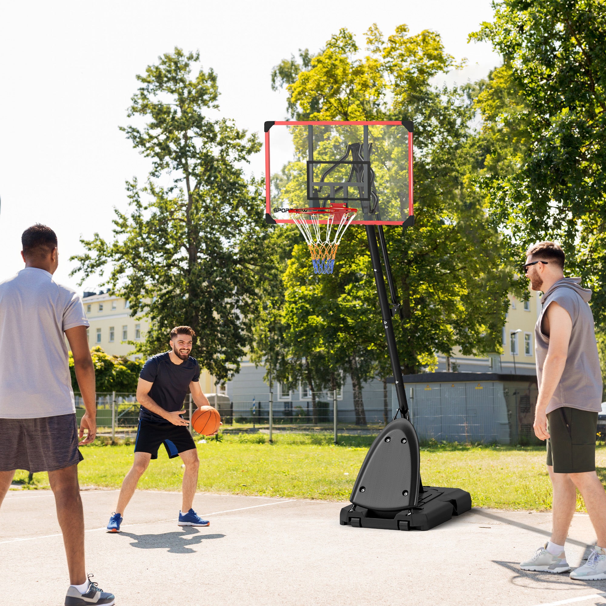 SPORTNOW 2.4-2.9m Adjustable Basketball Hoop and Stand with Weighted Base, Portable on Wheels, Red - North Peak Garden Furniture