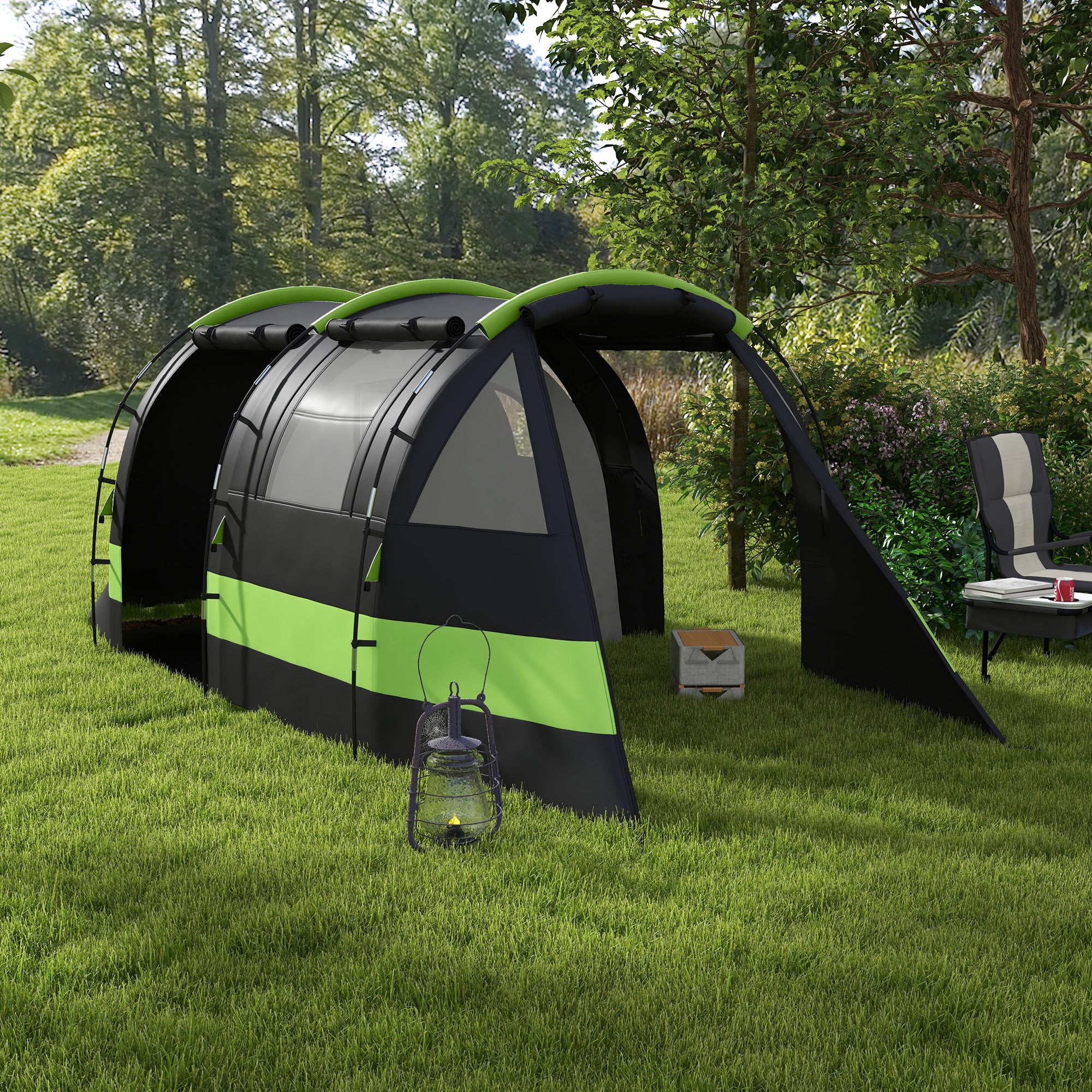Outsunny Four Man, Two Room Blackout Tent, with Accessories - Black - North Peak Garden Furniture
