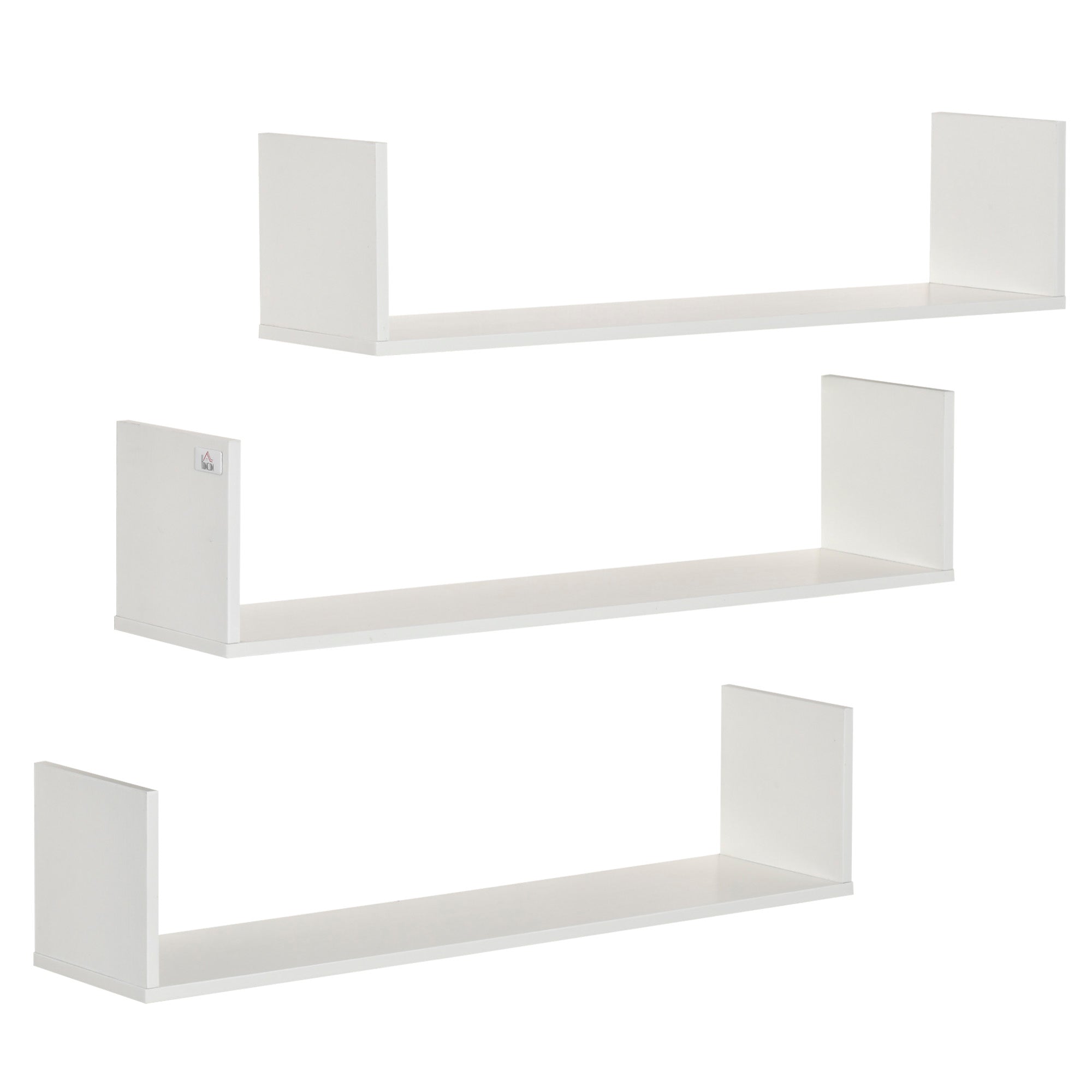 HOMCOM Set of 3 Wooden U-Shaped Floating Shelves Set Wall Mounted Hanging Bookshelf CD DVD Storage Display for Bedroom Living Room Kitchen, White - North Peak Garden Furniture