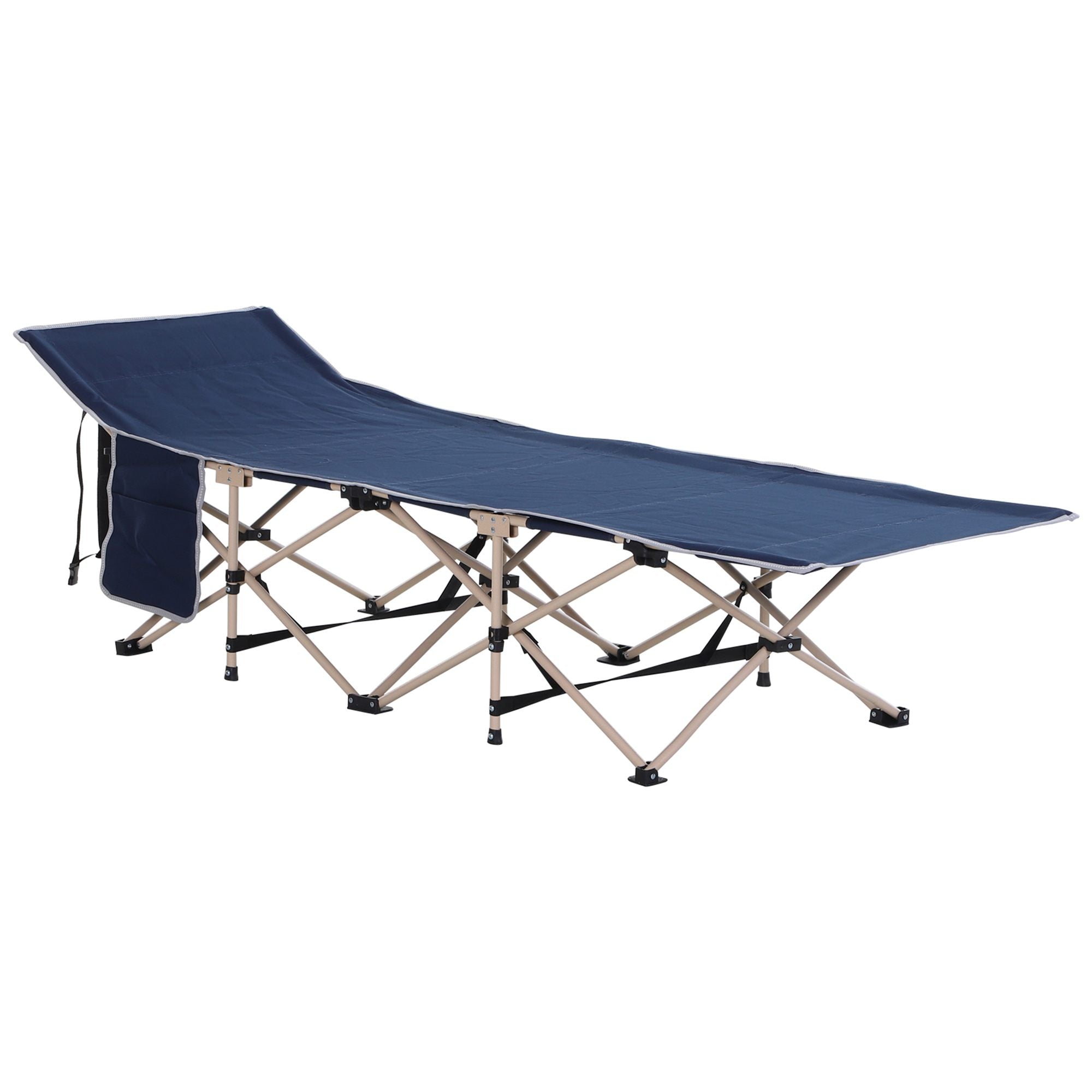 Outsunny Single Person Camping Bed Folding Cot Outdoor Patio Portable Military Sleeping Bed Travel Guest Leisure Fishing with Side Pocket and Carry Bag - Blue - North Peak Garden Furniture