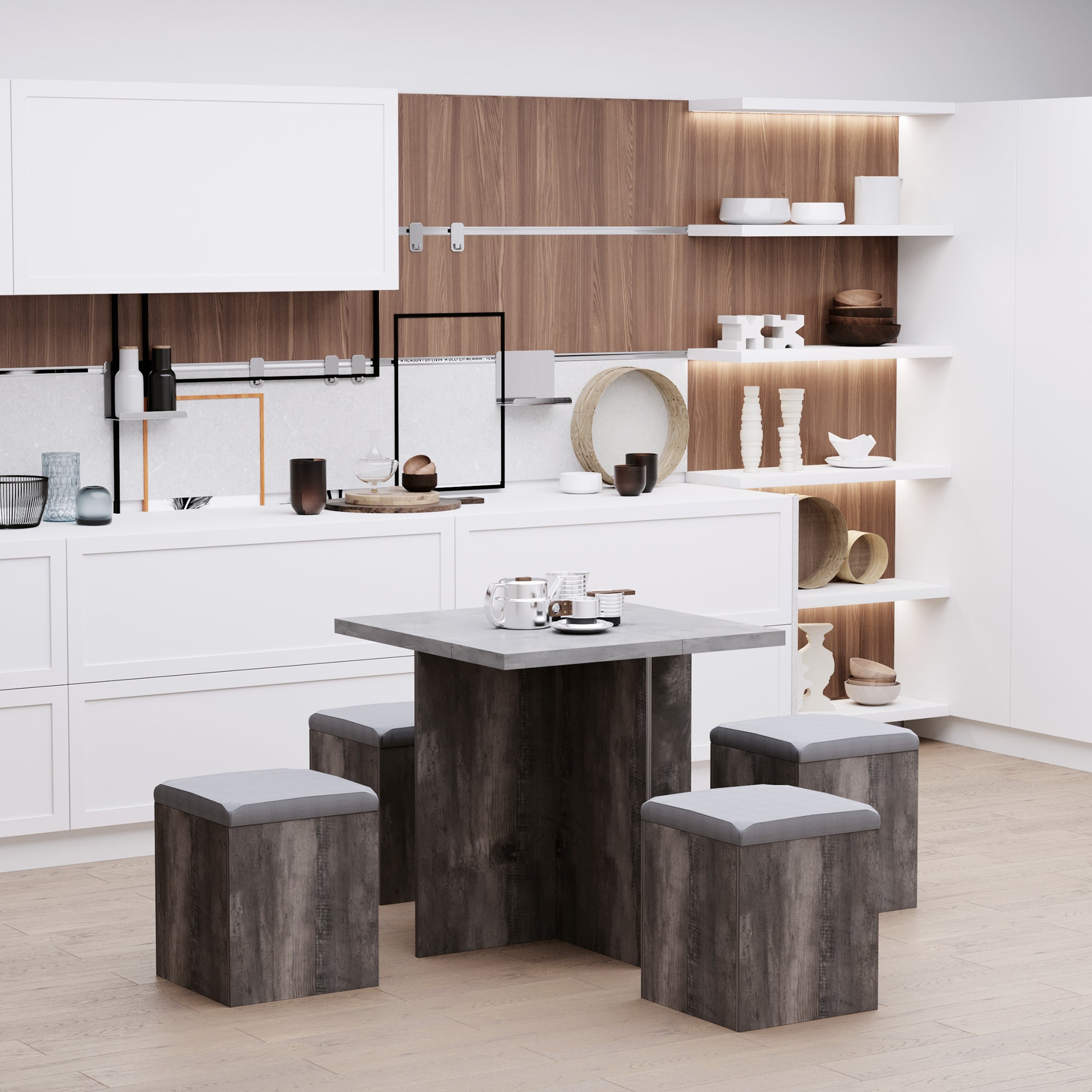 HOMCOM 5PC Dining Set Garden Patio Wooden Set 4 Storage Stools Footrest Ottoman with Cushions + 1 Table Space Saving Design Indoor Outdoor - North Peak Garden Furniture