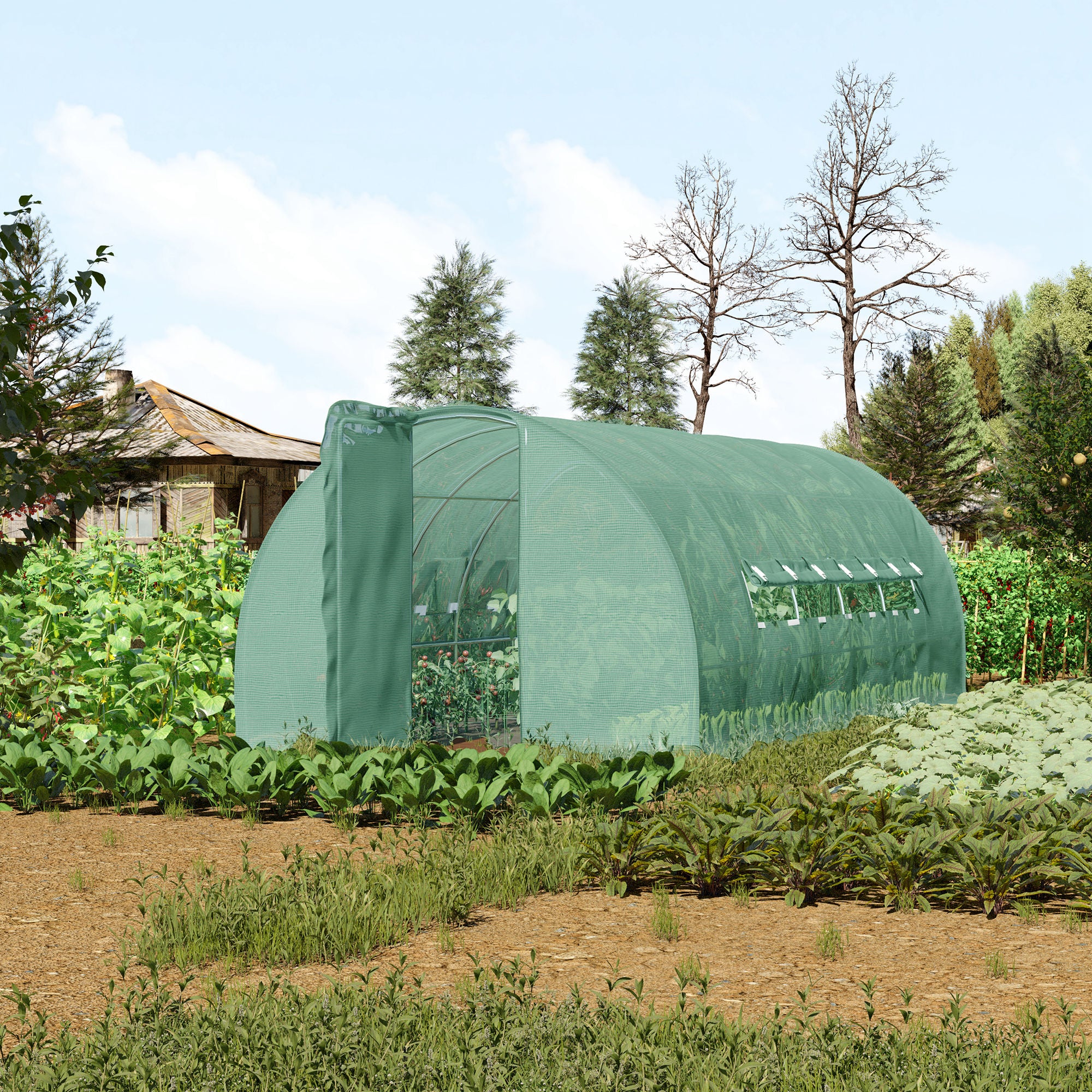 Outsunny Large Polytunnel Walk In Greenhouse, Plant Gardening Tunnel Green House with Metal Hinged Door, Galvanised Steel Frame & Mesh Windows, Green (3 x 6 m) - North Peak Garden Furniture