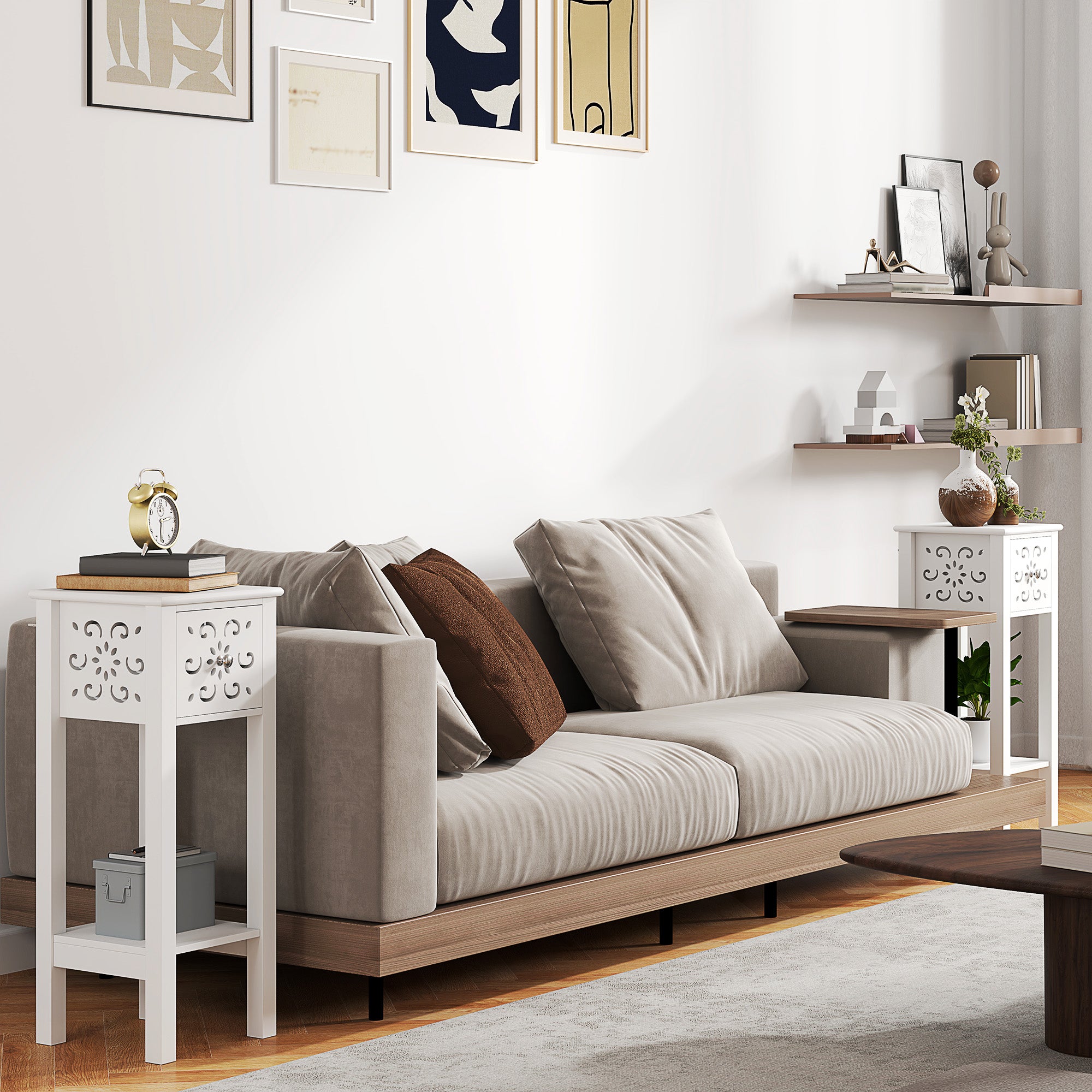 HOMCOM Set of Two Elegant Floral Cut-Out Side Tables - White - North Peak Garden Furniture