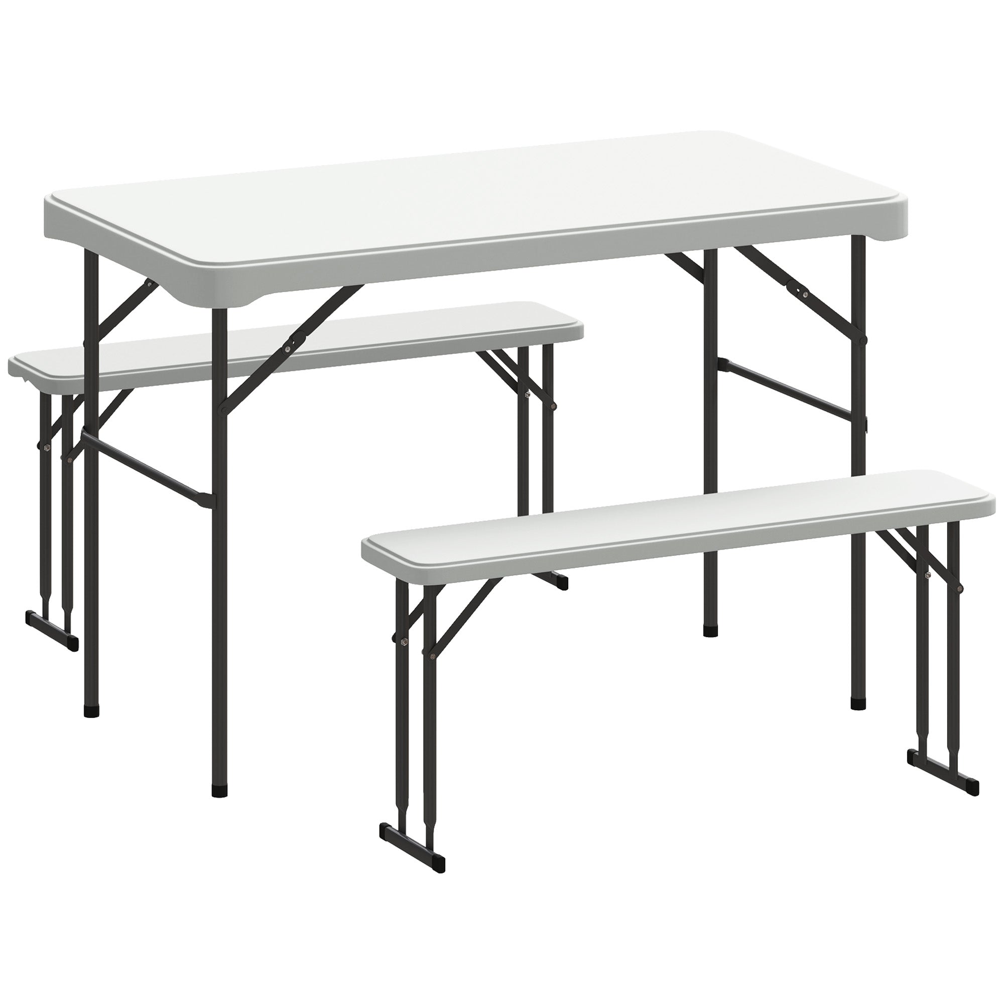 Outsunny 3 Piece 4ft Folding Picnic Table and Bench Set, Portable HDPE Camping Table and Chairs with Carrying Handle for Indoor Outdoor, Dining, Camping, Picnic, BBQ, Party, Light Grey - North Peak Garden Furniture