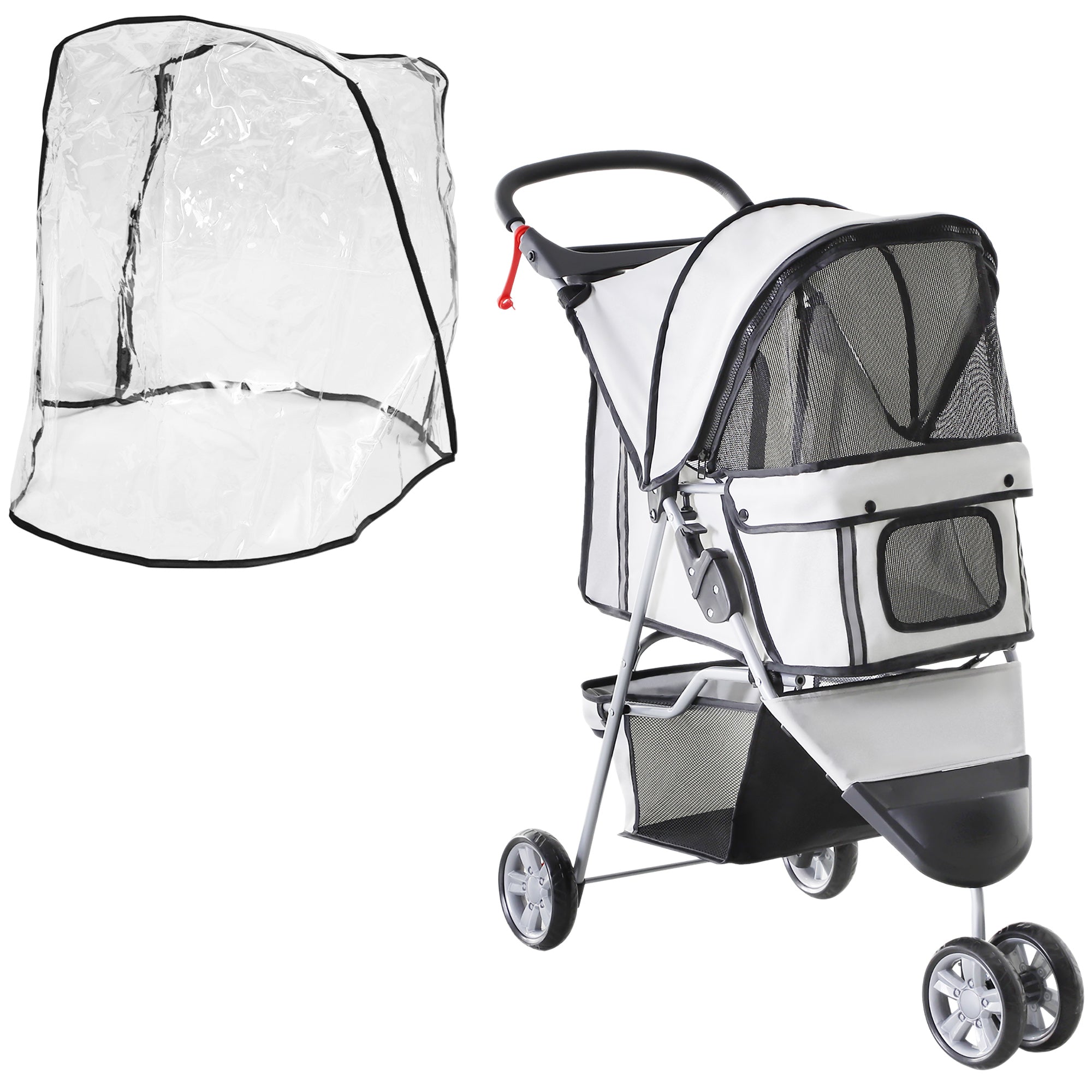PawHut Dog Stroller with Cover for Small Miniature Dogs, Folding Cat Pram Dog Pushchair with Cup Holder, Storage Basket, Reflective Strips, Grey - North Peak Garden Furniture