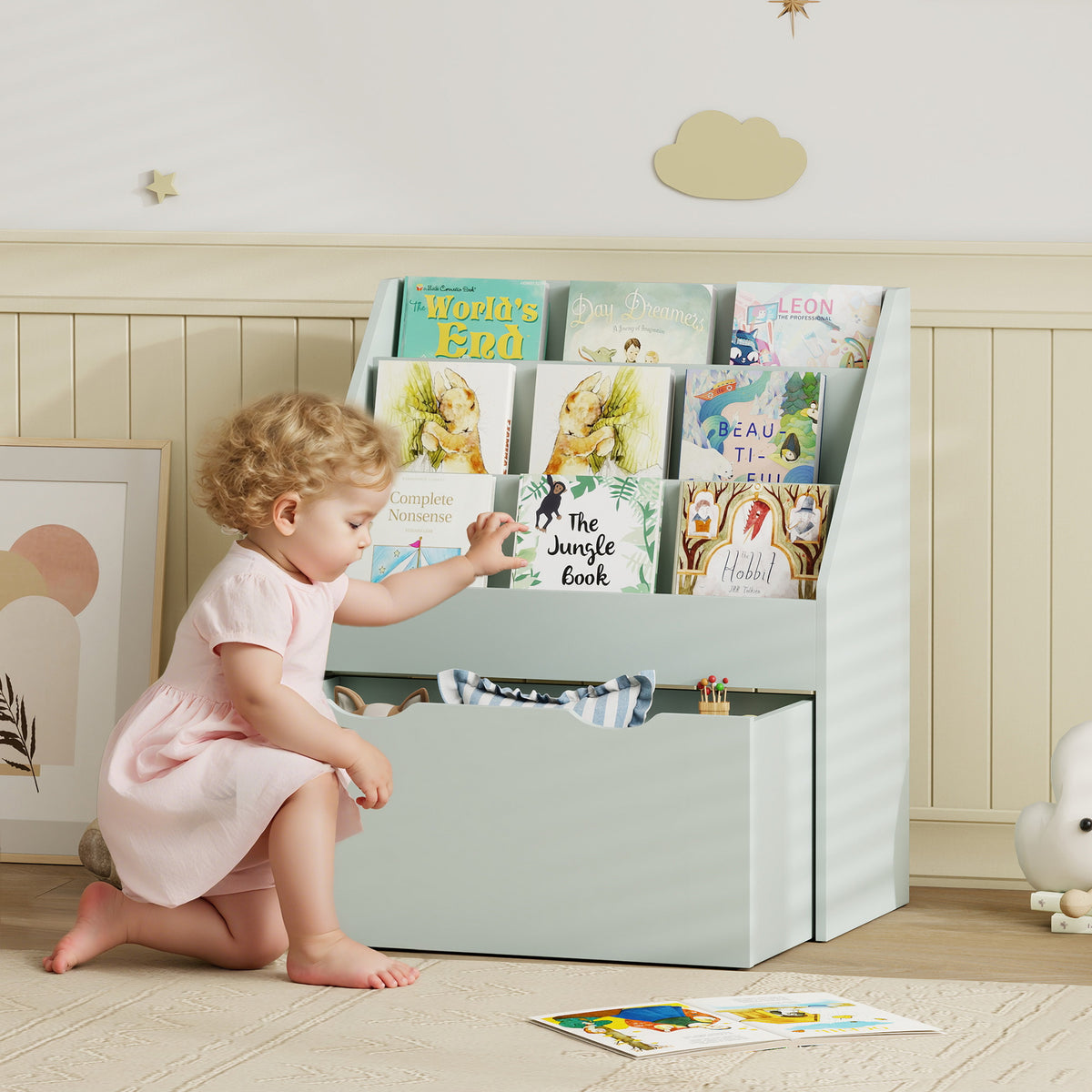 AIYAPLAY Bookcase for Kids with Shelves, Drawer, Bookcase for Bedroom, Playroom, Green