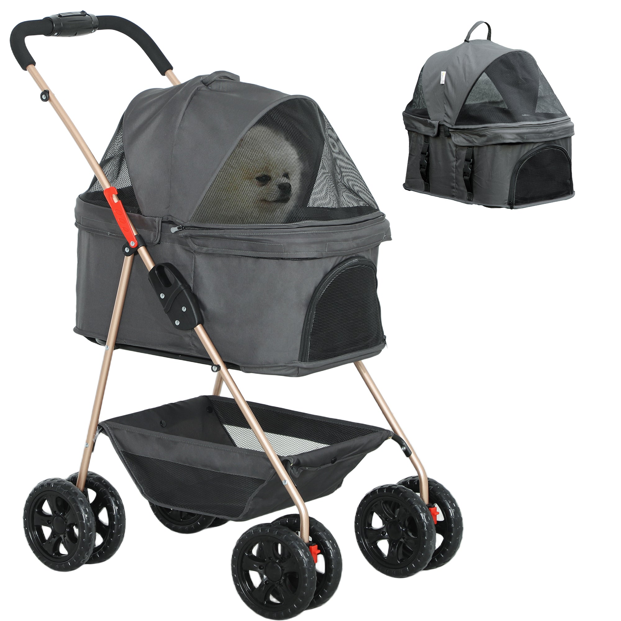 PawHut 3 in 1 Pet Stroller, Folding 4 Wheels Dog Pram with Detachable Carrier for Mini Dogs Cats, Grey - North Peak Garden Furniture