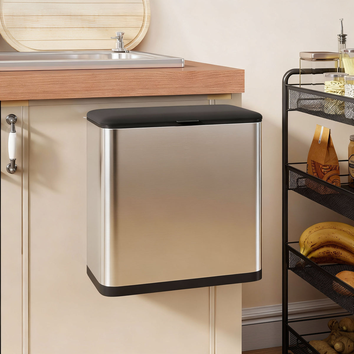 HOMCOM 8L Hanging Kitchen Bin, Rubbish bin with Lid and Removable Inner Bucket for Under Cabinet Door, Under Sink, Office