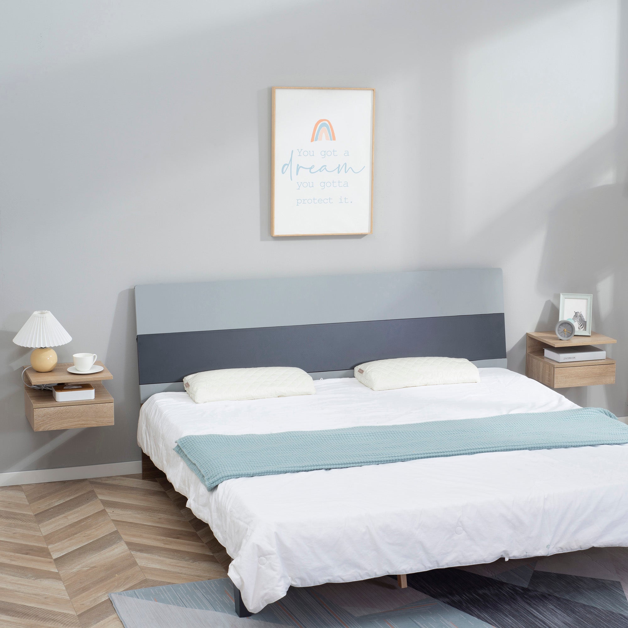 HOMCOM Set of Two Floating Bedside Tables - Oak Tone - North Peak Garden Furniture