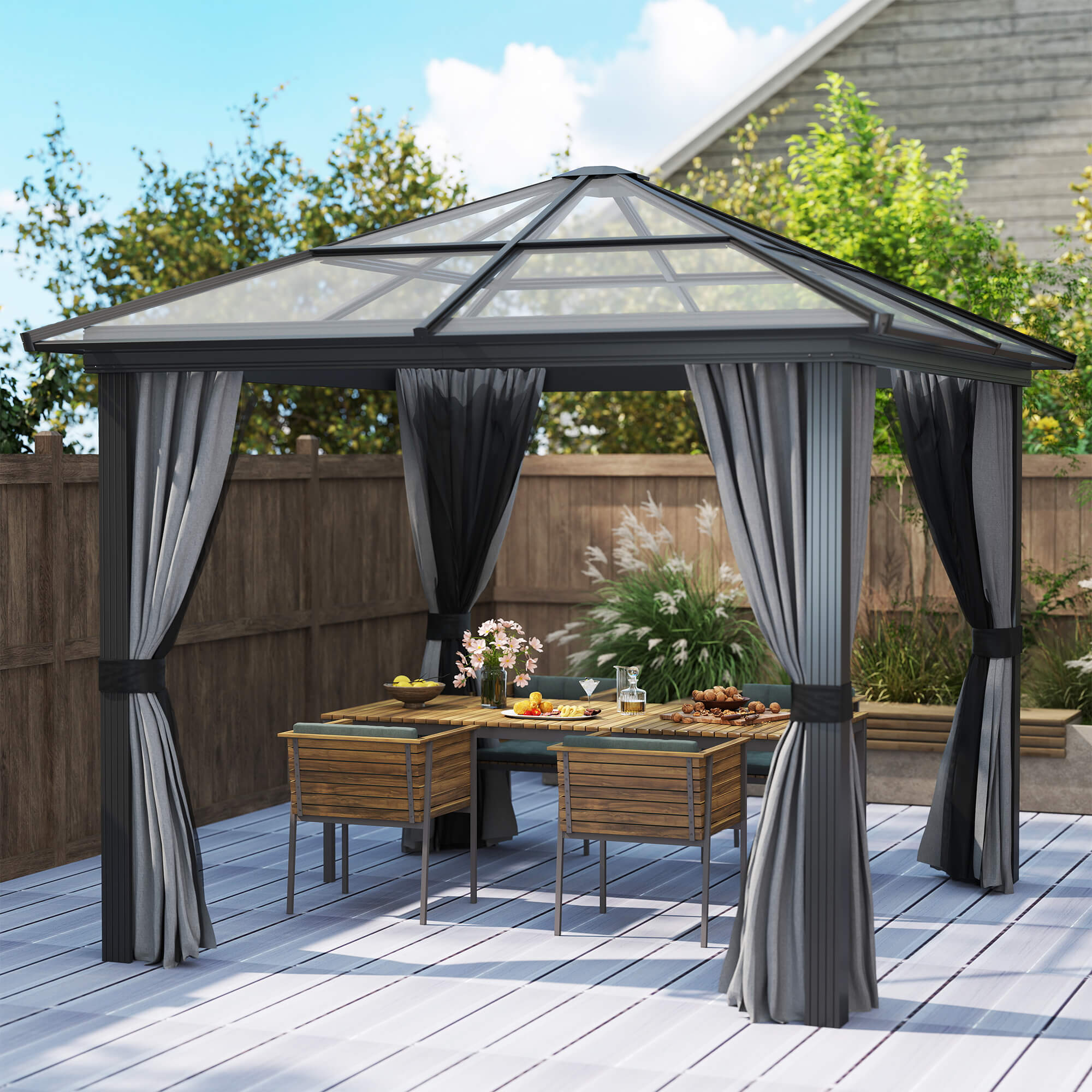 Outsunny 3 x 3(m) Hardtop Gazebo Canopy with Polycarbonate Roof, Aluminium Frame, Permanent Pavilion Garden Gazebo with Netting and Curtains for Patio, Deck, Dark Grey - North Peak Garden Furniture