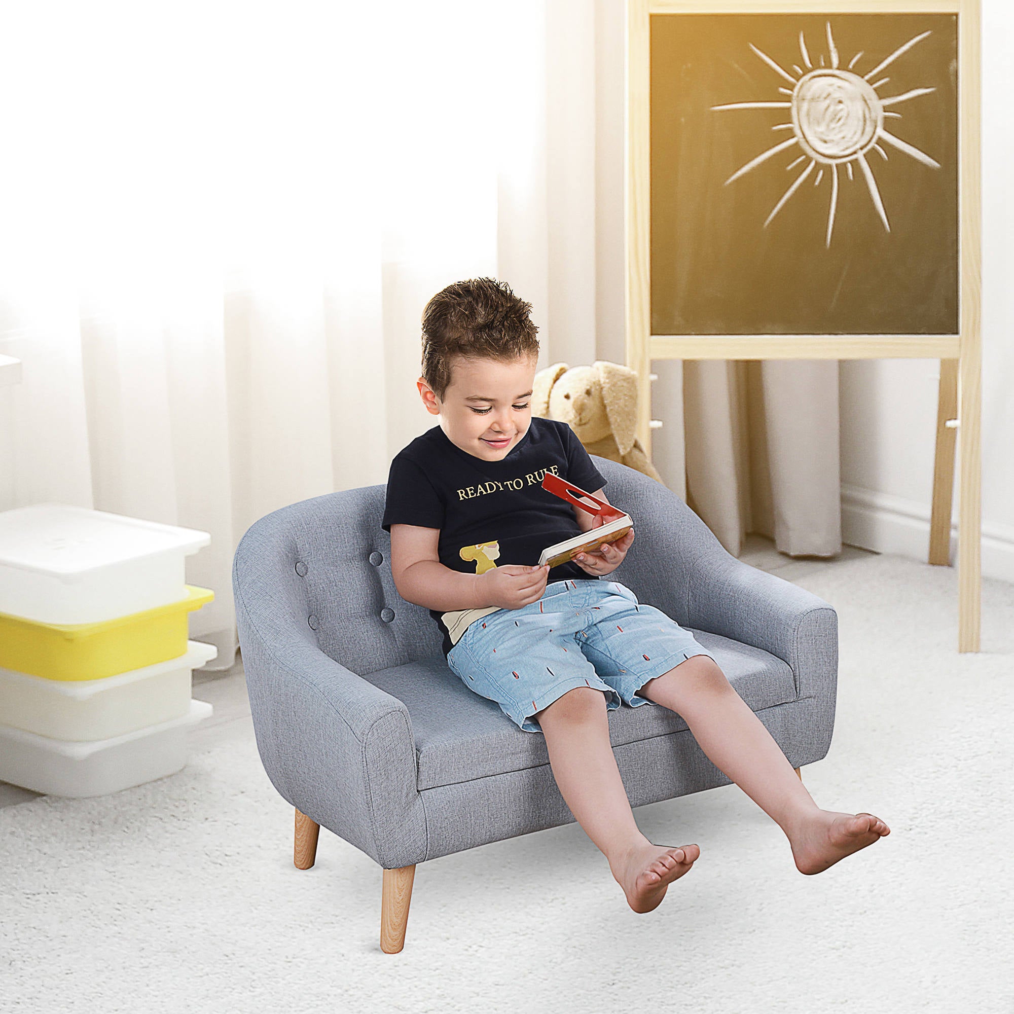 HOMCOM Children's Armchairs Kids Armchair Toddler Chair 2 Seater Wood Frame Mini Sofa for Bedroom Playroom Grey - North Peak Garden Furniture