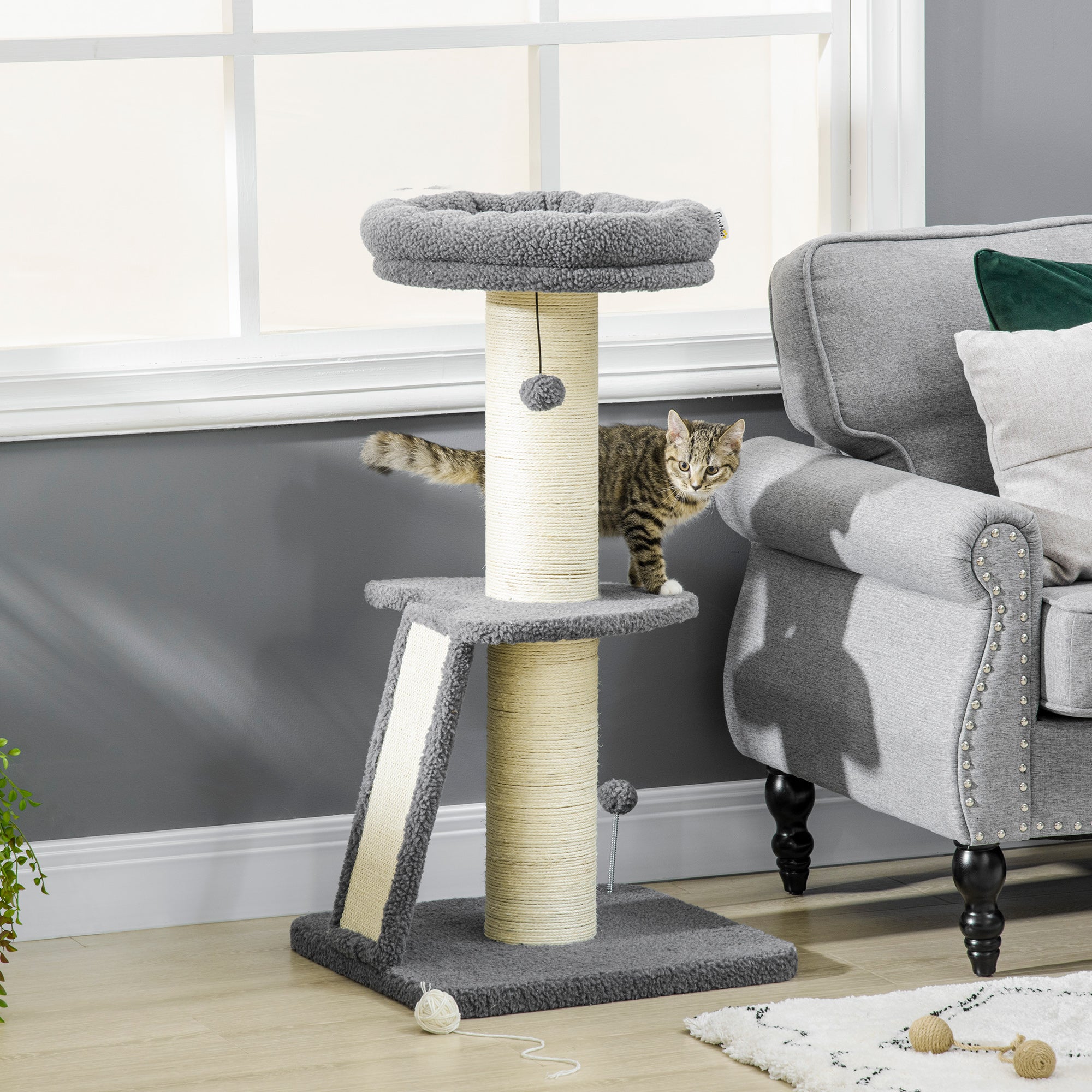 PawHut Cat Tree Tower with Scratching Posts, Pad, Bed, Toy Ball-Dark Grey - North Peak Garden Furniture