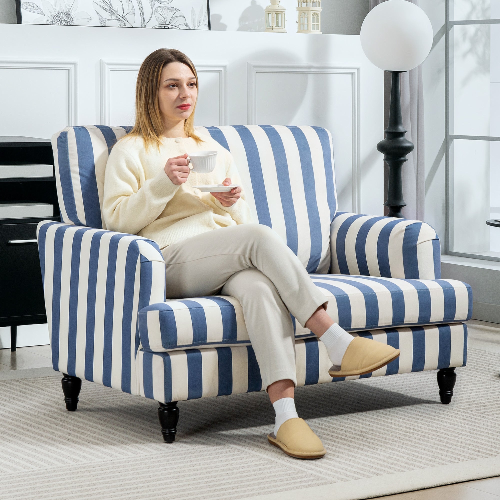 HOMCOM Modern Accent Chair, Velvet Single Sofa Armchair with Stripe, Turned Legs and Wide Seat, Upholstered Snuggle Chair for Living Room, Bedroom, Blue and White - North Peak Garden Furniture