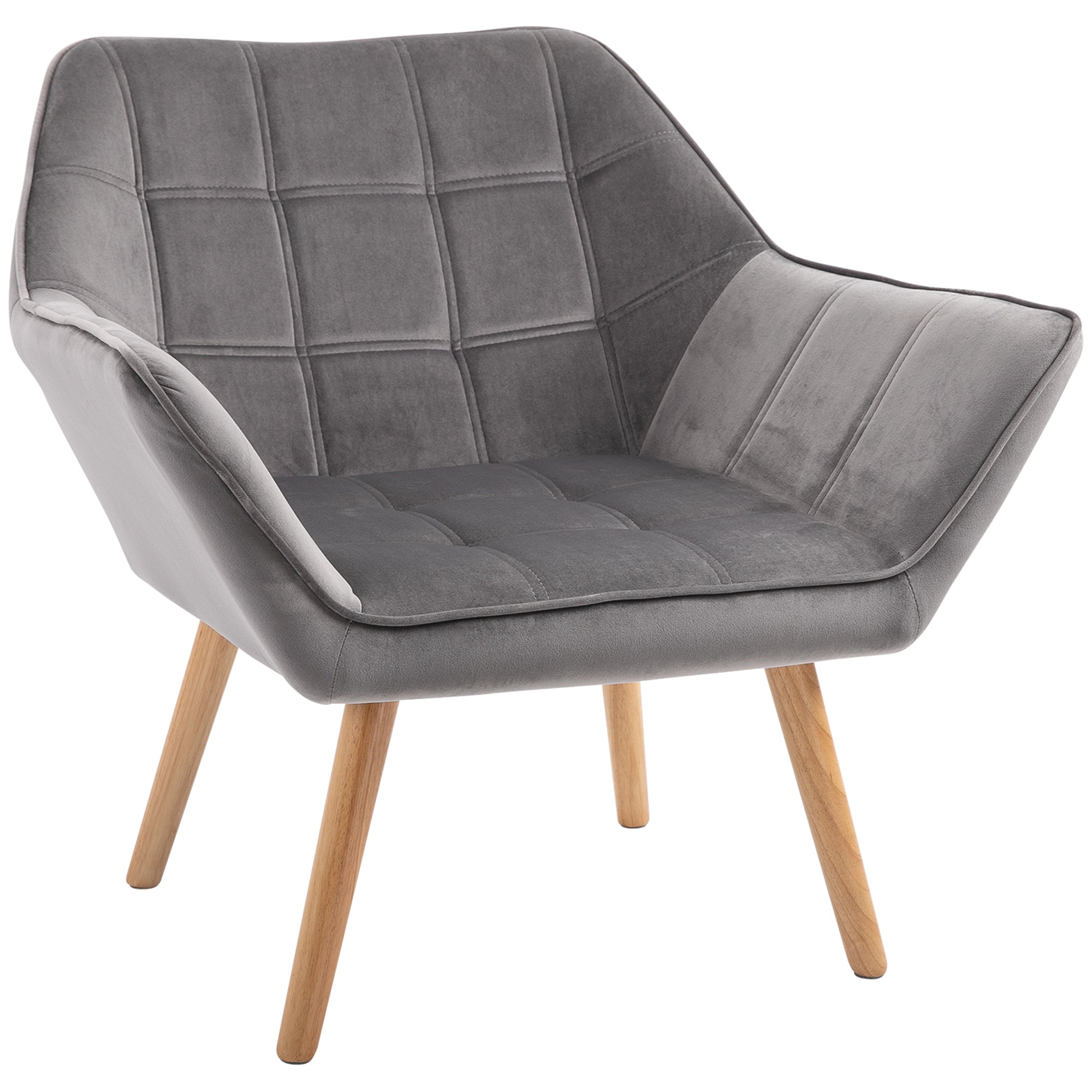 HOMCOM Armchair Accent Chair, Vanity Chair with Wide Arms, Slanted Back, Padding, Metal Frame, Wooden Legs, Home Bedroom Furniture Seating, Grey - North Peak Garden Furniture