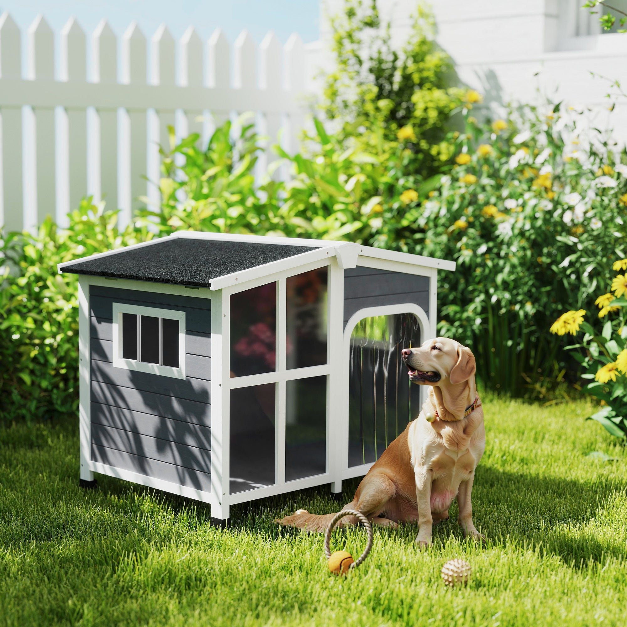 PawHut Wooden Dog Kennel with Removable Floor, Asphalt and Openable Roof, Giant Window for Large Dogs, Charcoal Grey - North Peak Garden Furniture