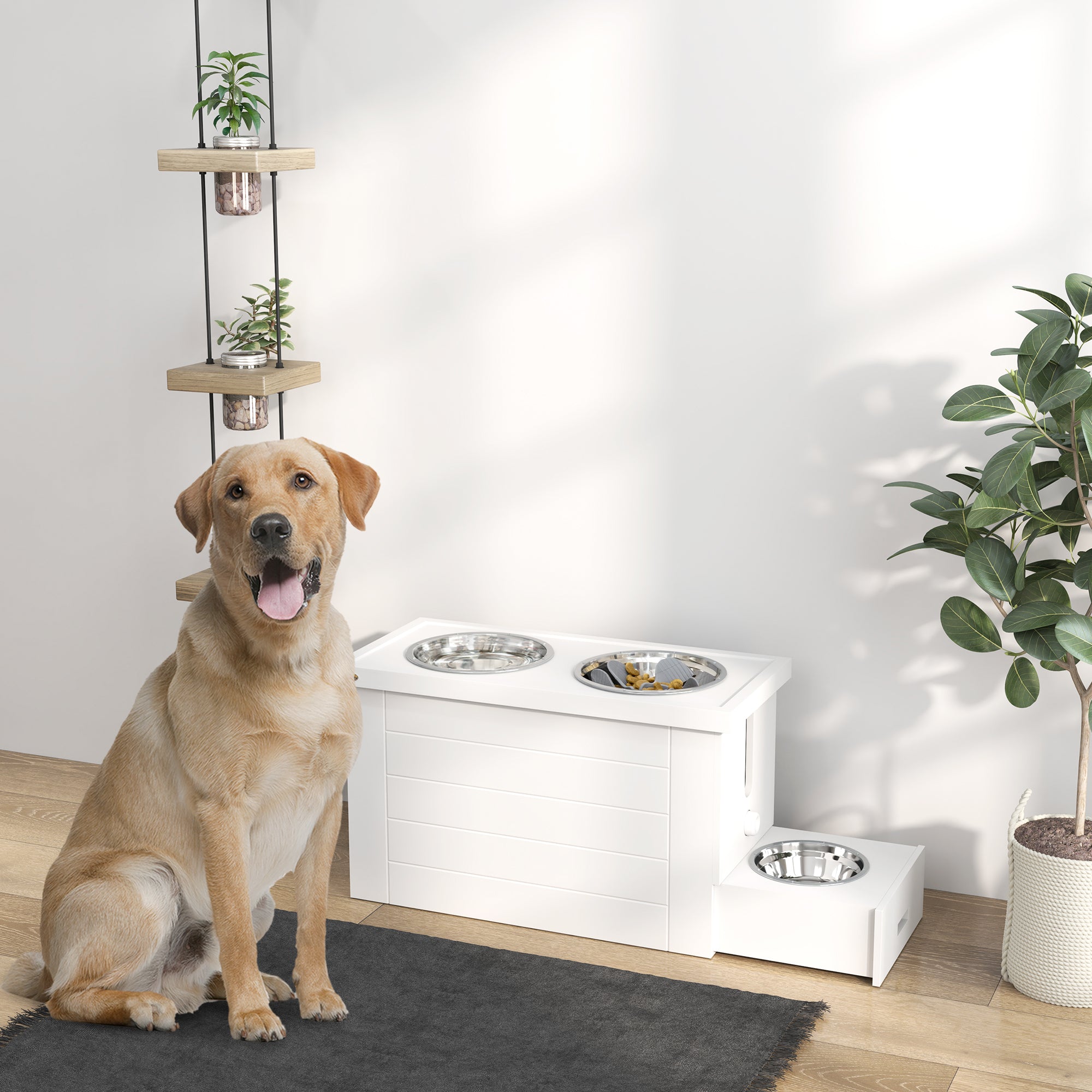 PawHut Raised Dog Bowls w/ Slow Feeder Mat, Storage Cabinet, 3 Stainless Steel Bowls, Semi-Auto Dispenser Function, White - North Peak Garden Furniture