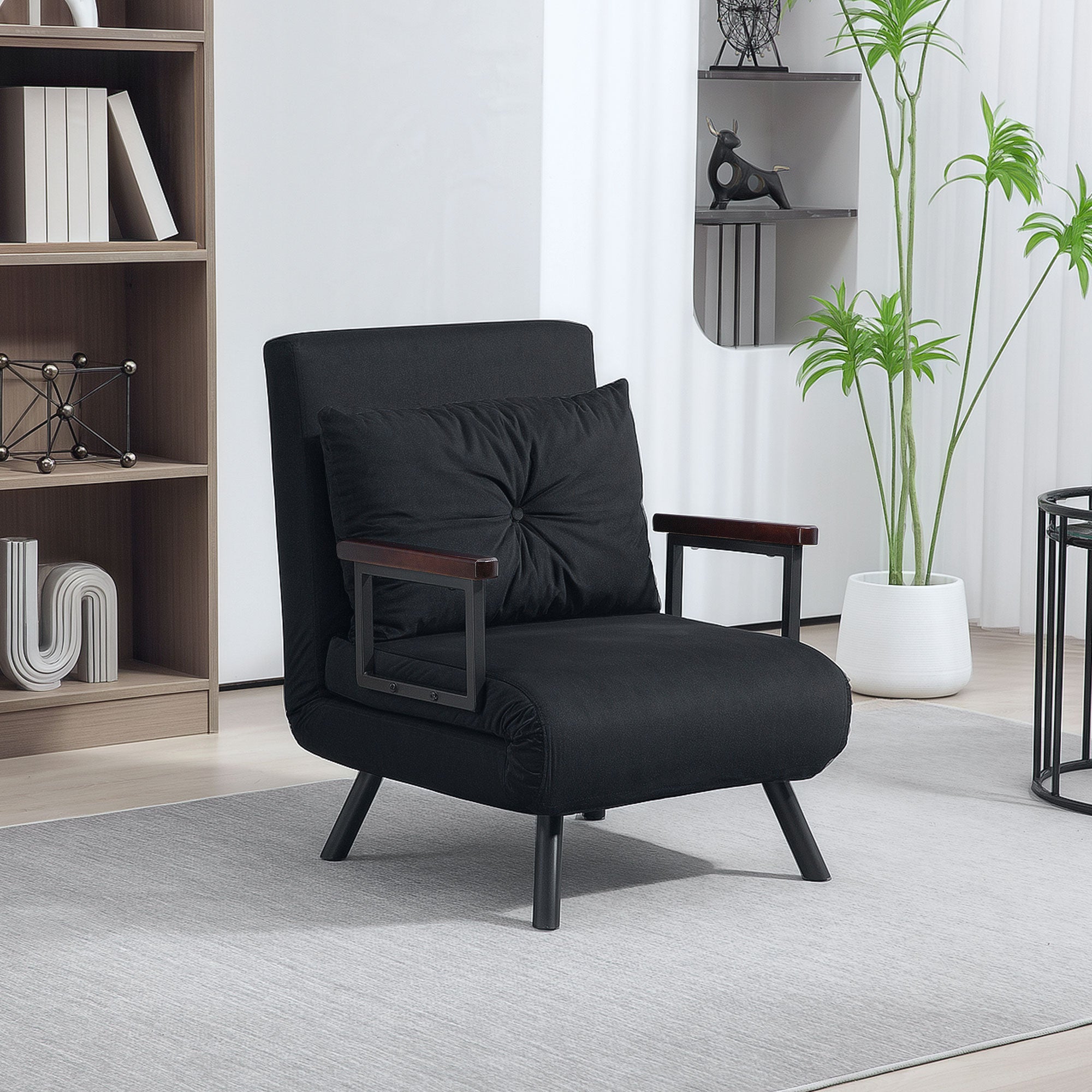 HOMCOM 4-in-1 Velvet-Feel Single Chair Bed, with Pillow - Black - North Peak Garden Furniture