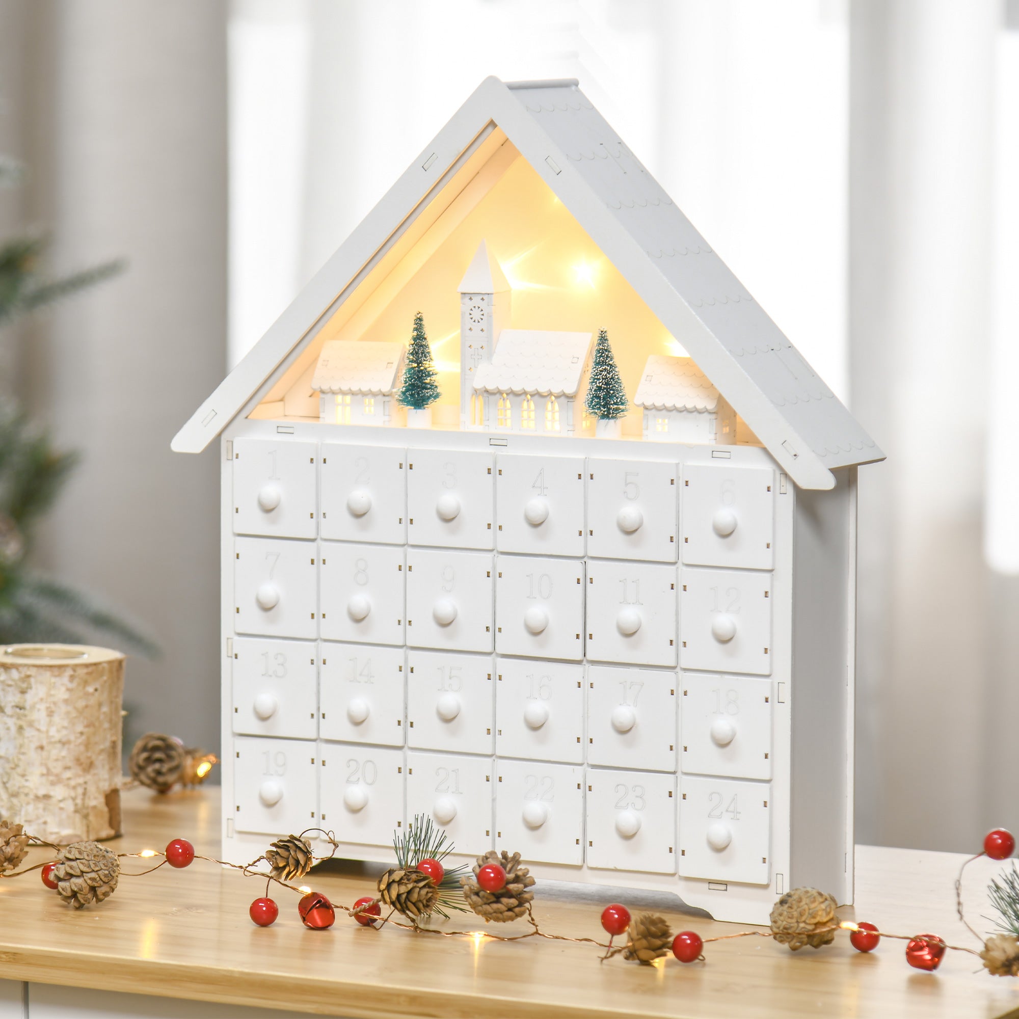 HOMCOM 24-Drawer Christmas Advent Calendar, Wooden Light-Up Traditional Decoration, Adults Kids Countdown Holiday House w/ Lights Handle White - North Peak Garden Furniture