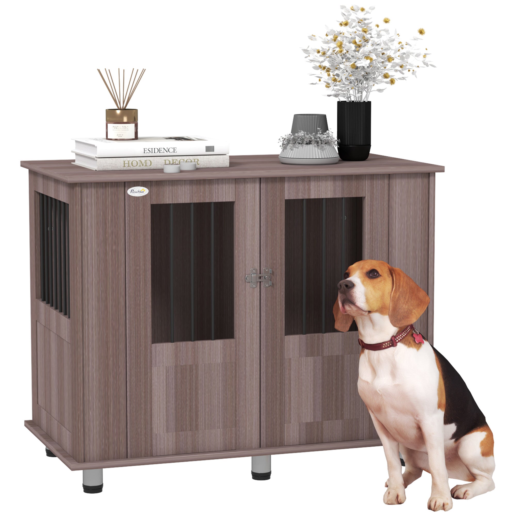 PawHut Dog Crate Table for Medium and Large Dogs with Magnetic Door for Indoor Use, 95 x 55 x 75 cm, Purple - North Peak Garden Furniture