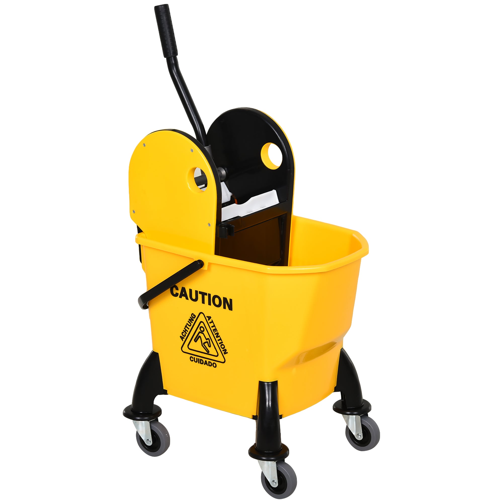 HOMCOM 26L Mop Bucket & Water Wringer w/ 4 Wheels Plastic Body Metal Handle Pole Holder Home Commercial Cleaning Floor Cart Yellow