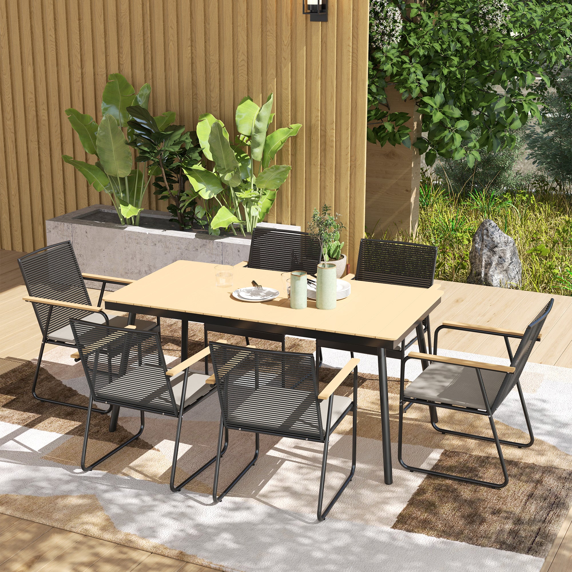 Outsunny 6 Seater Garden Dining Set with Soft Cushions, Rattan Backrest, Rectangular Plastic Top, Garden Furniture Set, Outdoor Dining Table and Chairs for Patio, Balcony, Poolside, Nature Wood Finish - North Peak Garden Furniture