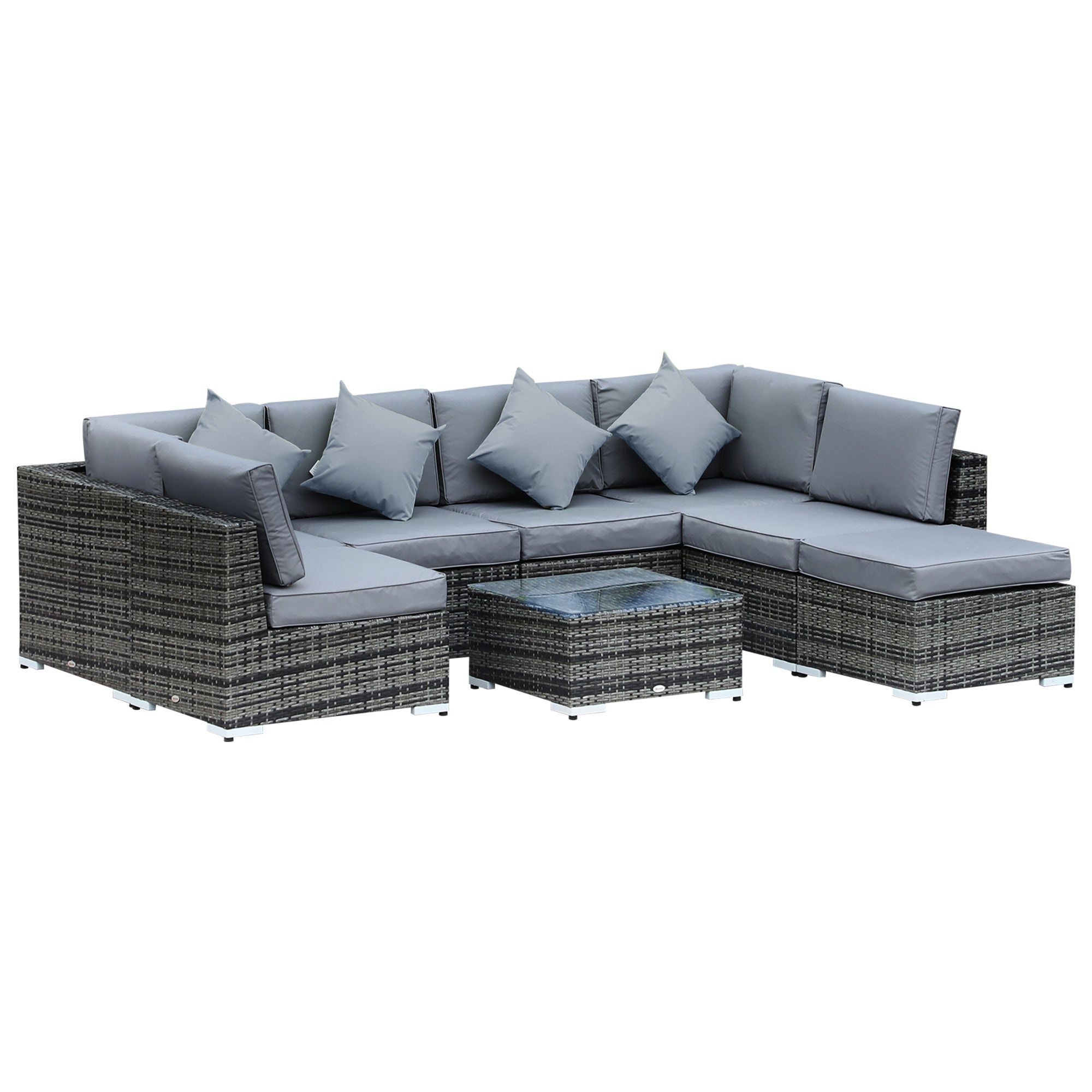 Outsunny 8 Pieces PE Rattan Corner Sofa Set with Thick Cushions, Aluminium Outdoor Rattan Garden Furniture Set with Glass Top Table, No Assembly Required, Grey - North Peak Garden Furniture