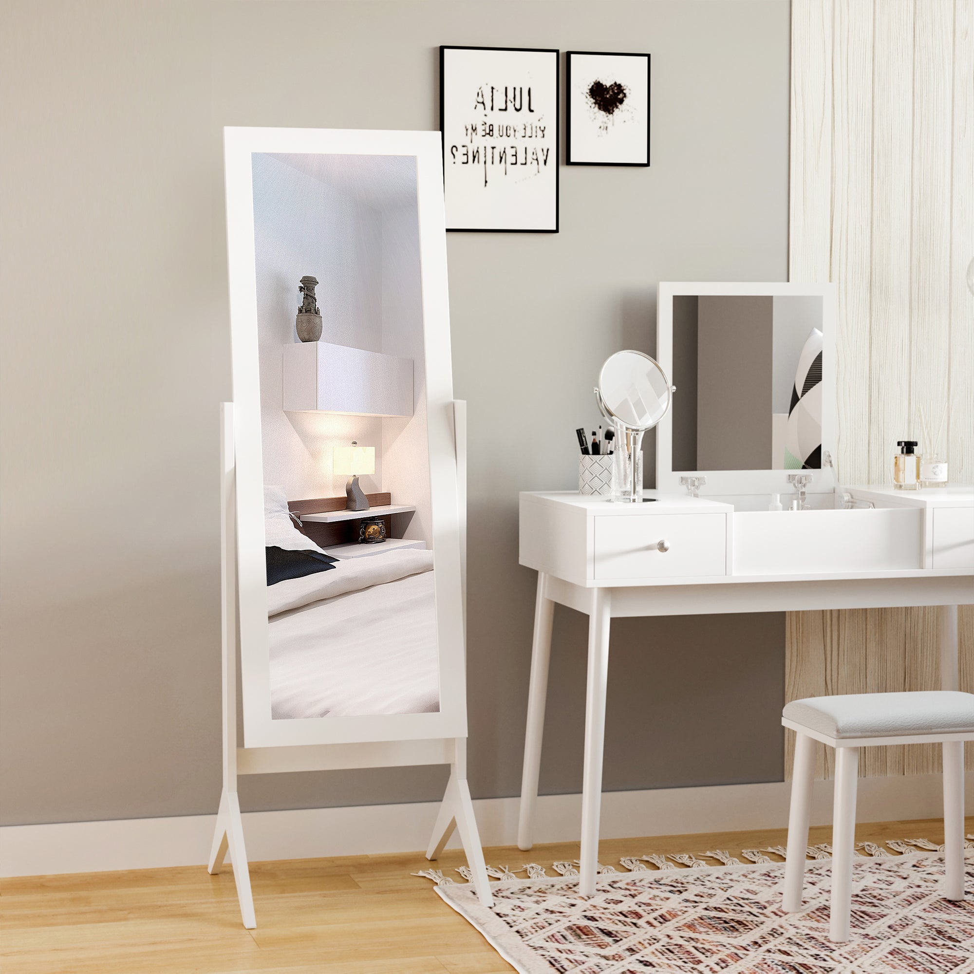 HOMCOM Freestanding Dressing Mirror Bedroom Tall Adjustable Angle 148x47cm White - North Peak Garden Furniture