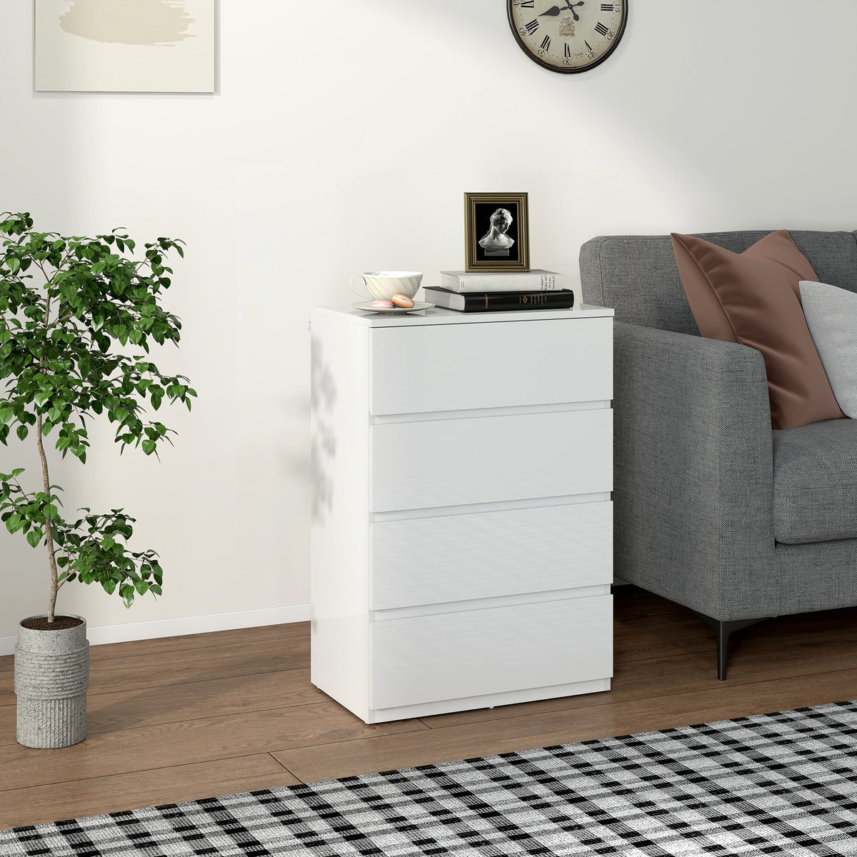 HOMCOM High Gloss Chest of Drawers, 4-Drawer Storage Cabinets, Modern Dresser for Bedroom, White
