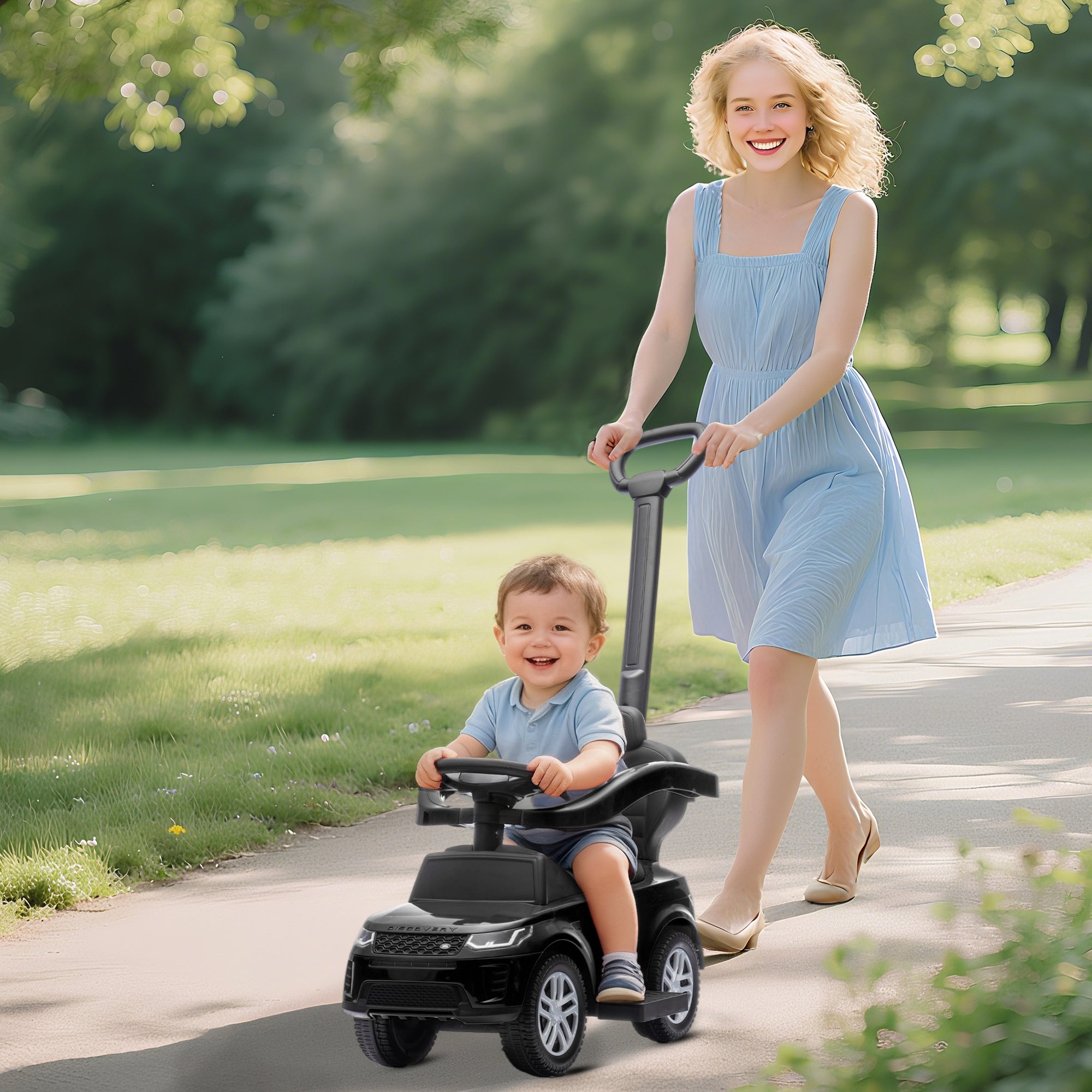 AIYAPLAY LAND ROVER DISCOVERY Licensed Baby Push Car, 2-in-1 Ride on Car with Push Handle and Safety Guardrail, Black