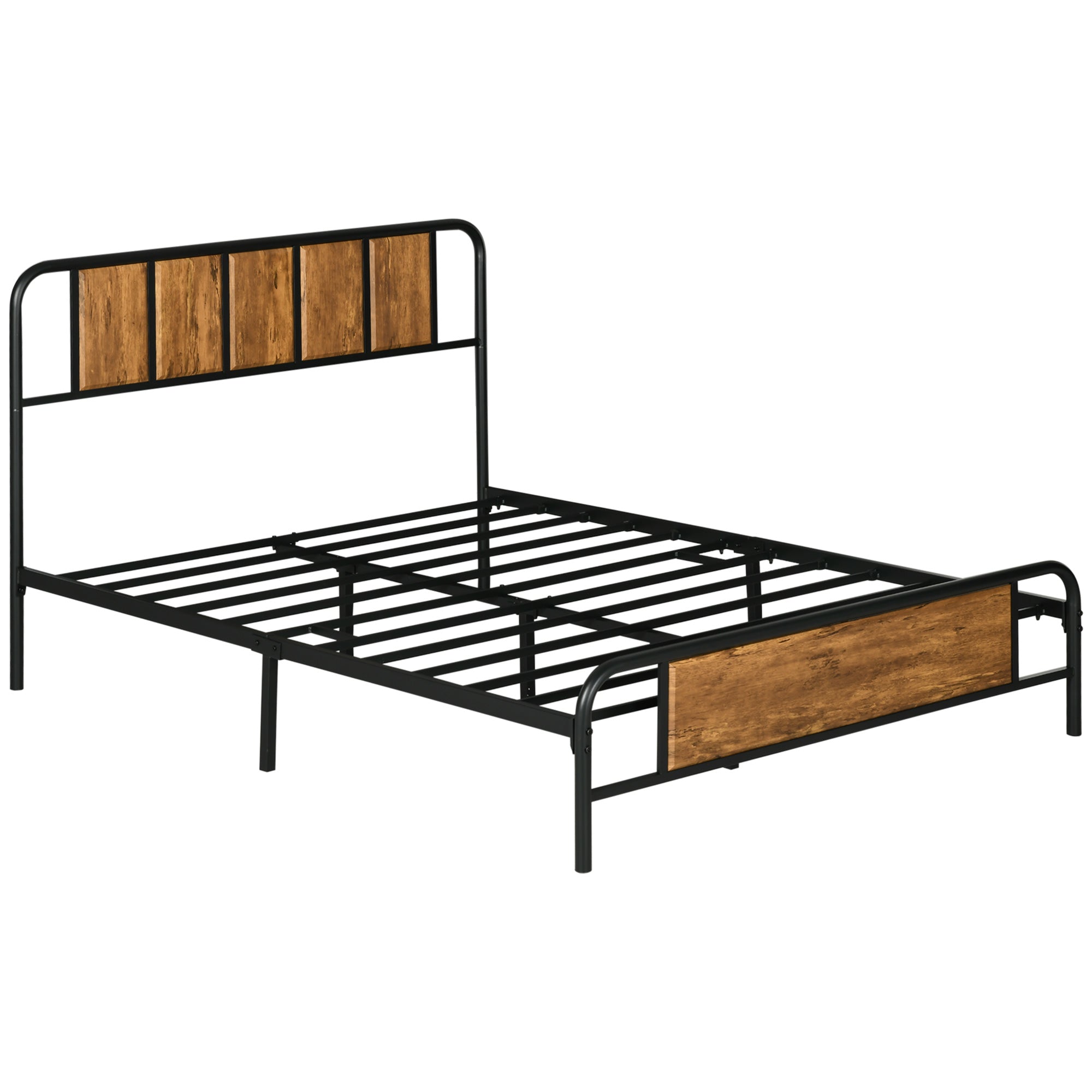 HOMCOM 4.8ft Double Bed Frame with Industrial Wood Headboard, Steel Slat Support and 25.5cm Underbed Storage Space, 145 x 199cm, Rustic Brown - North Peak Garden Furniture