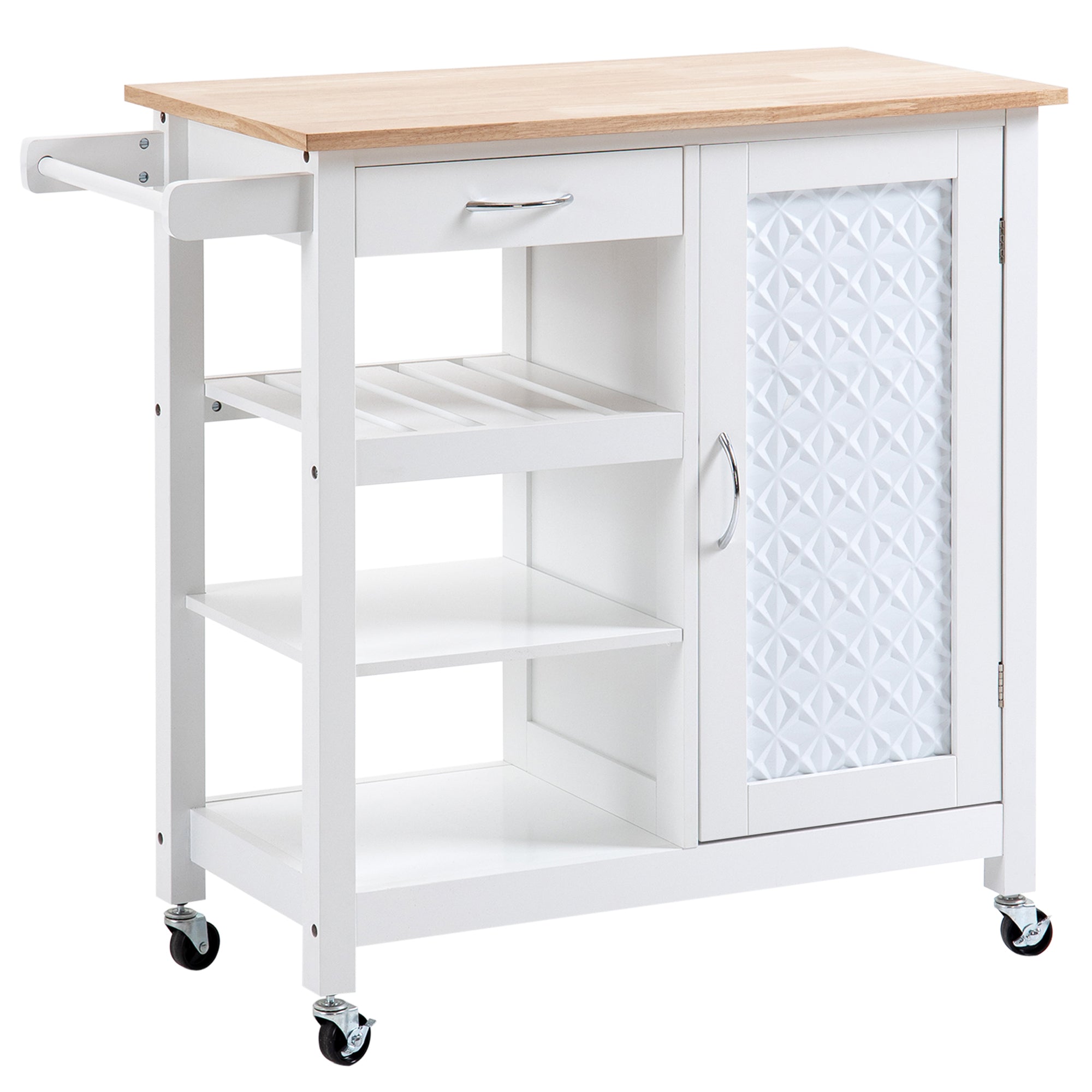 HOMCOM Kitchen Trolley, Kitchen Island on Wheels with Embossed Door Panel, Utility Kitchen Cart with 3 Storage Shelves, White - North Peak Garden Furniture