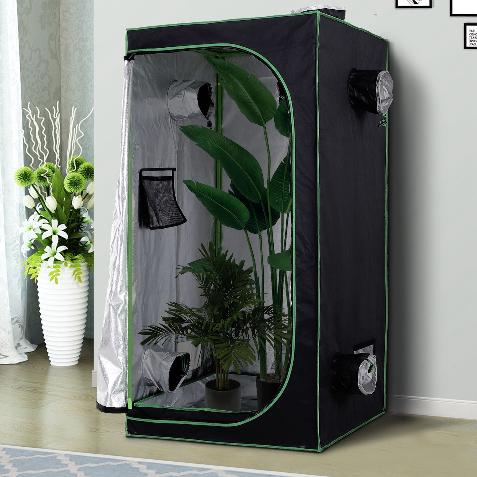 Outsunny Mylar Hydroponic Grow Tent with Adjustable Vents and Floor Tray for Indoor Plant Growing, 80 x 80 x 160cm - North Peak Garden Furniture