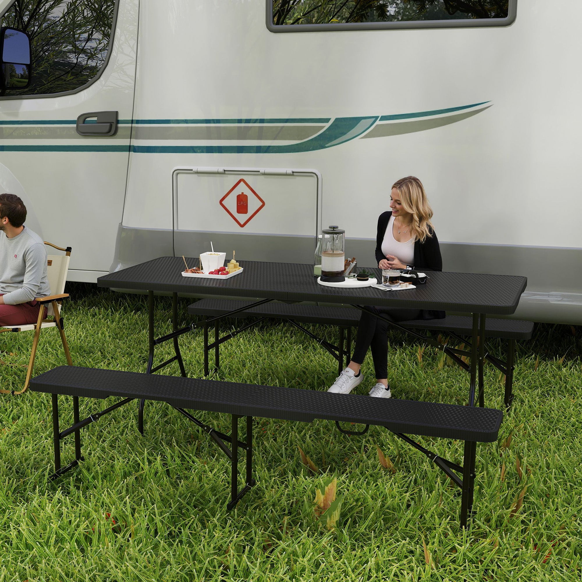 Outsunny Folding Picnic Table and Bench Set, Rattan Effect Portable Camping Table and Chairs with Carrying Handles for Indoor Outdoor, Dining, Camping, Picnic, BBQ, Party, Black - North Peak Garden Furniture