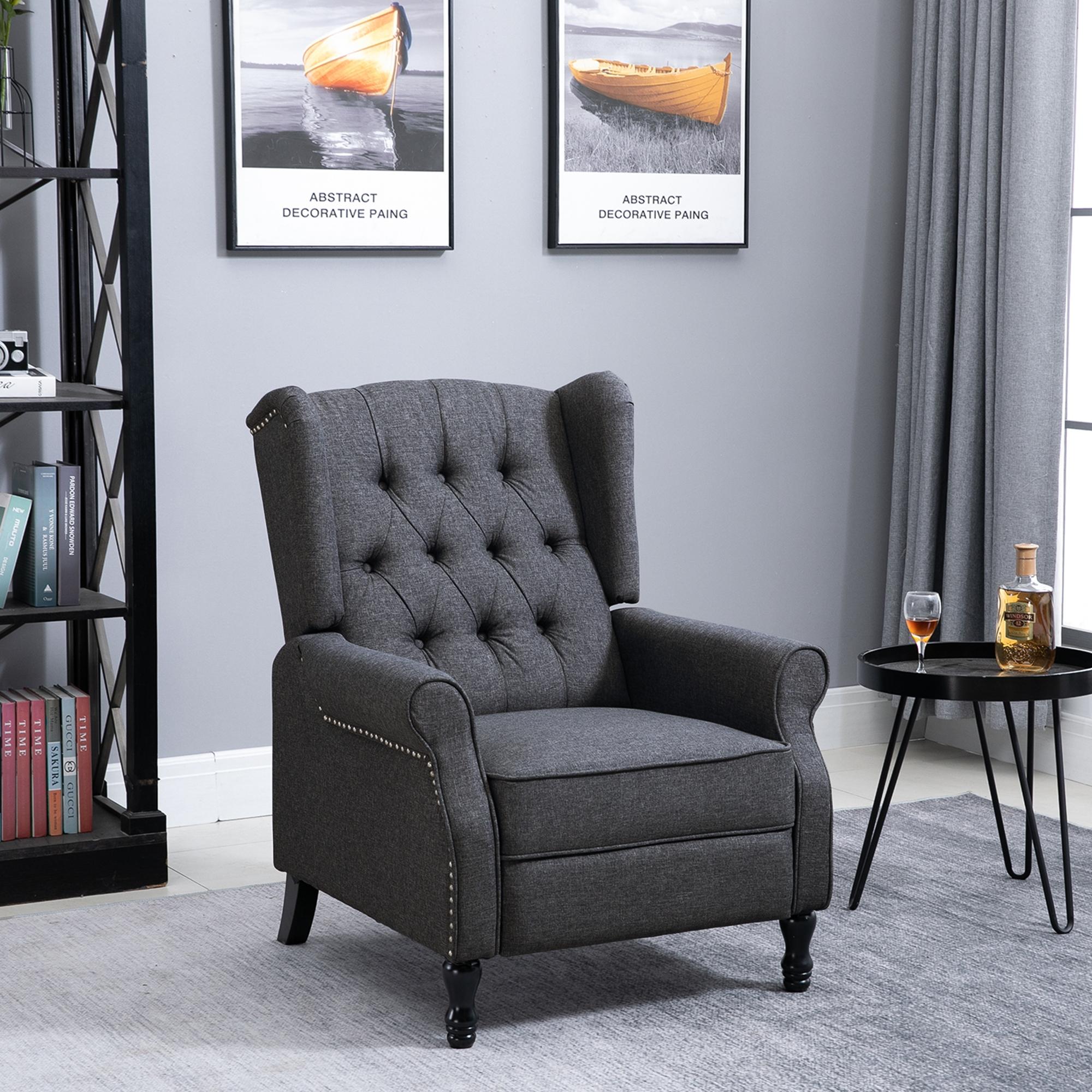 HOMCOM Recliner Armchair, Vintage Reclining Chair with Nail Head Trim, Wingback Chair with Button Tufted Back and Footrest, for Living Room, Dark Grey - North Peak Garden Furniture