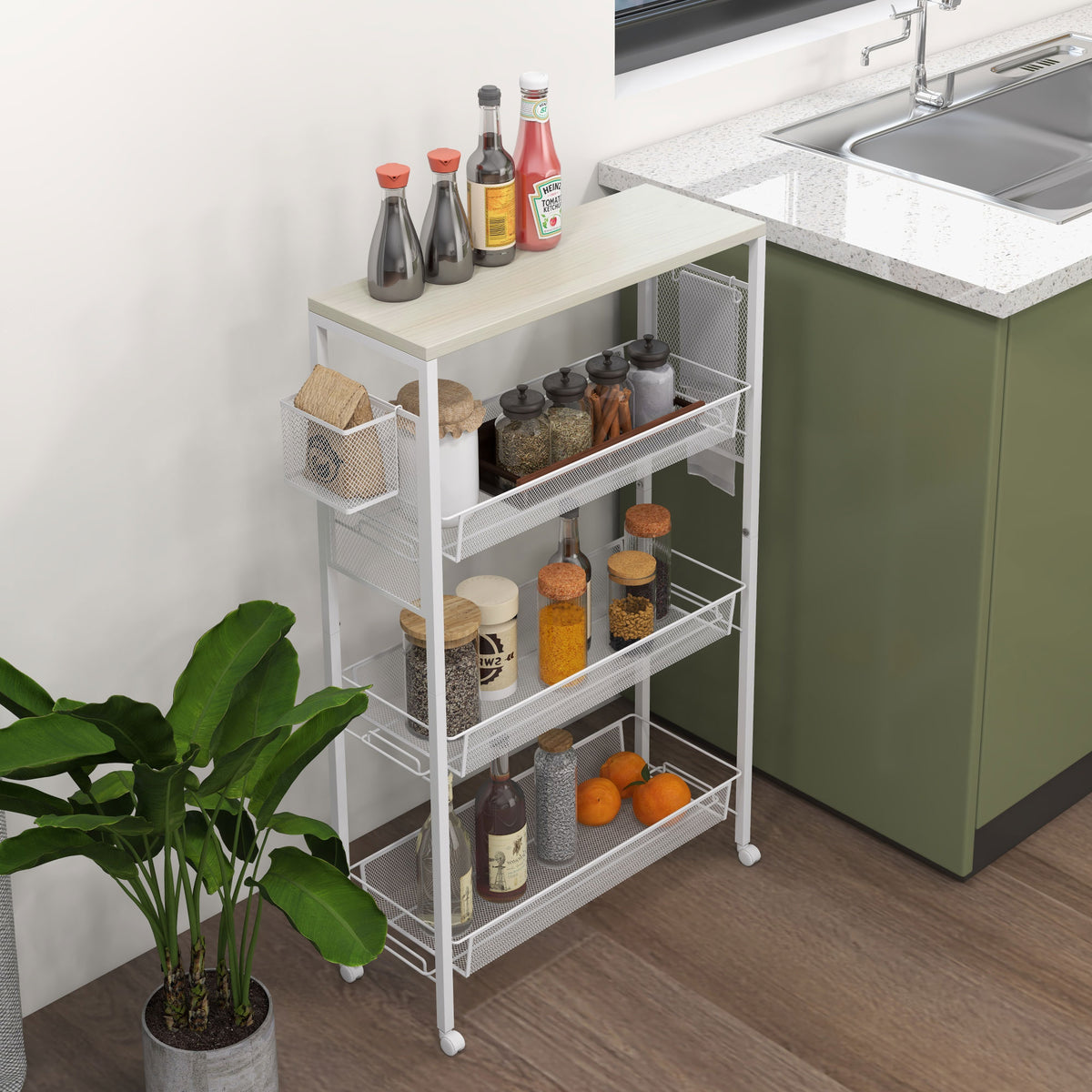 HOMCOM 3-Tier Kitchen Cart with 3 Steel Wire Baskets - White