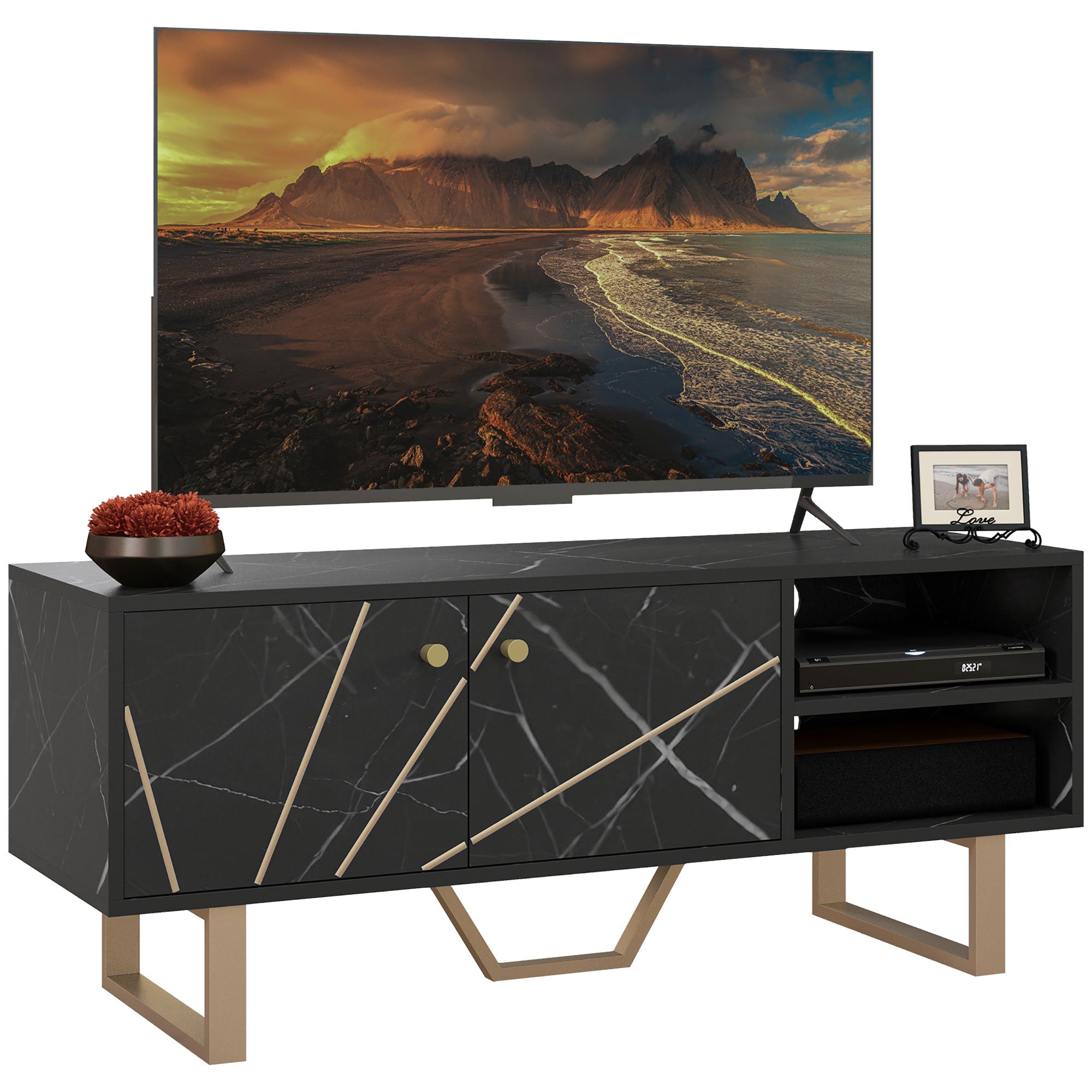 HOMCOM TV Stand Cabinet for TVs up to 50 Inches, TV Unit with Storage Shelves and Cupboard for Living Room, Black Marble Tone - North Peak Garden Furniture