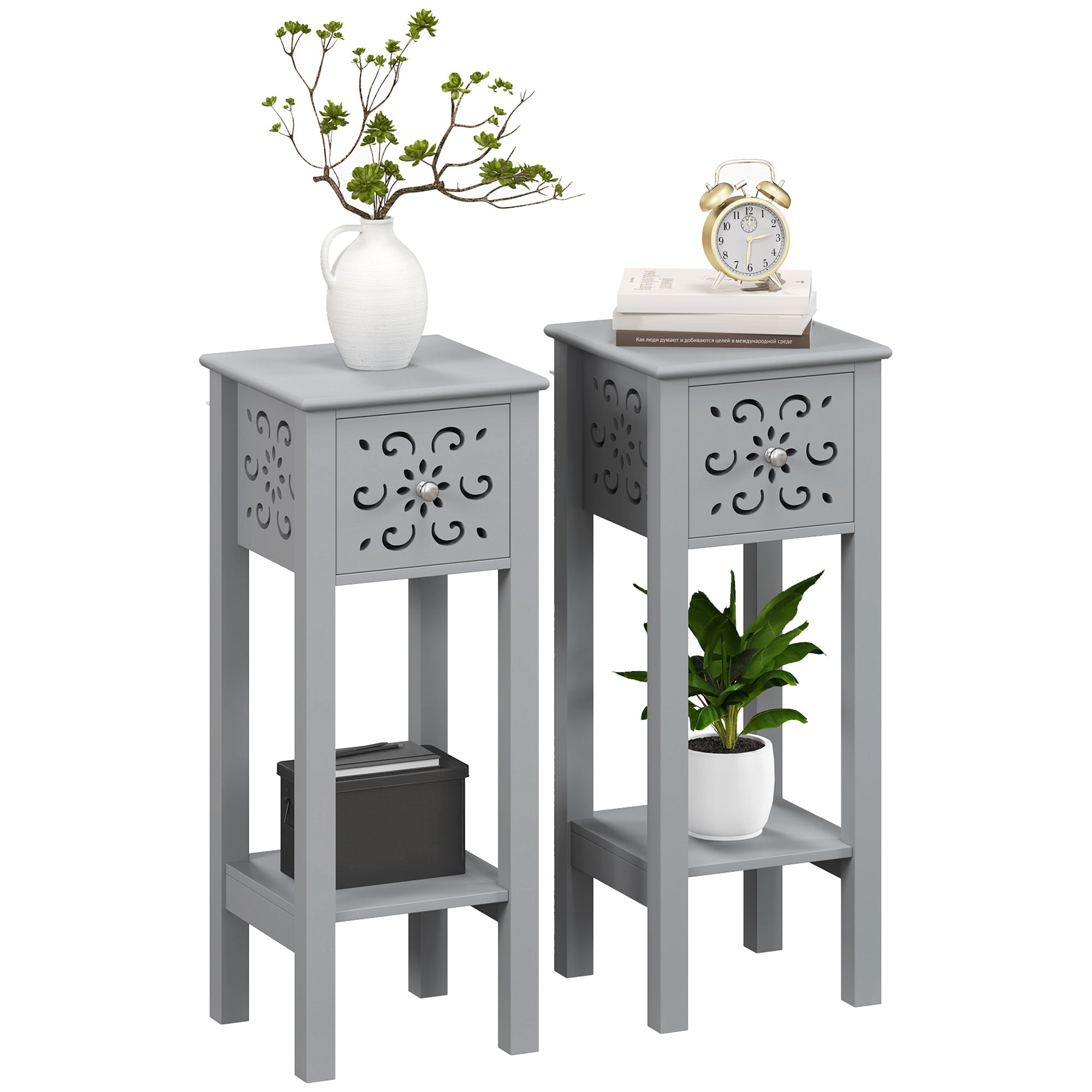 HOMCOM Set of Two Elegant Floral Cut-Out Side Tables - Grey - North Peak Garden Furniture