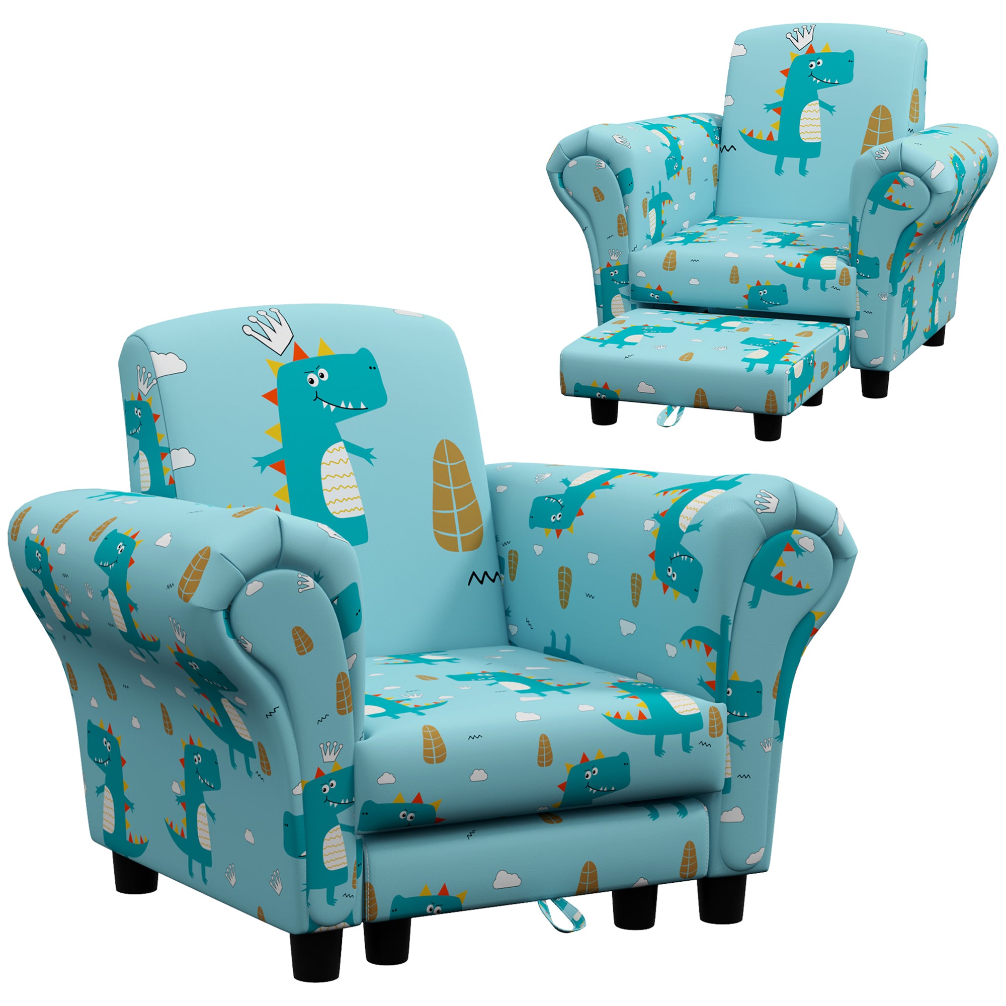 AIYAPLAY 2 Piece Kids Sofa Set with Dinosaur Design, Wooden Frame, for 1.5-3 Years Old, Blue - North Peak Garden Furniture