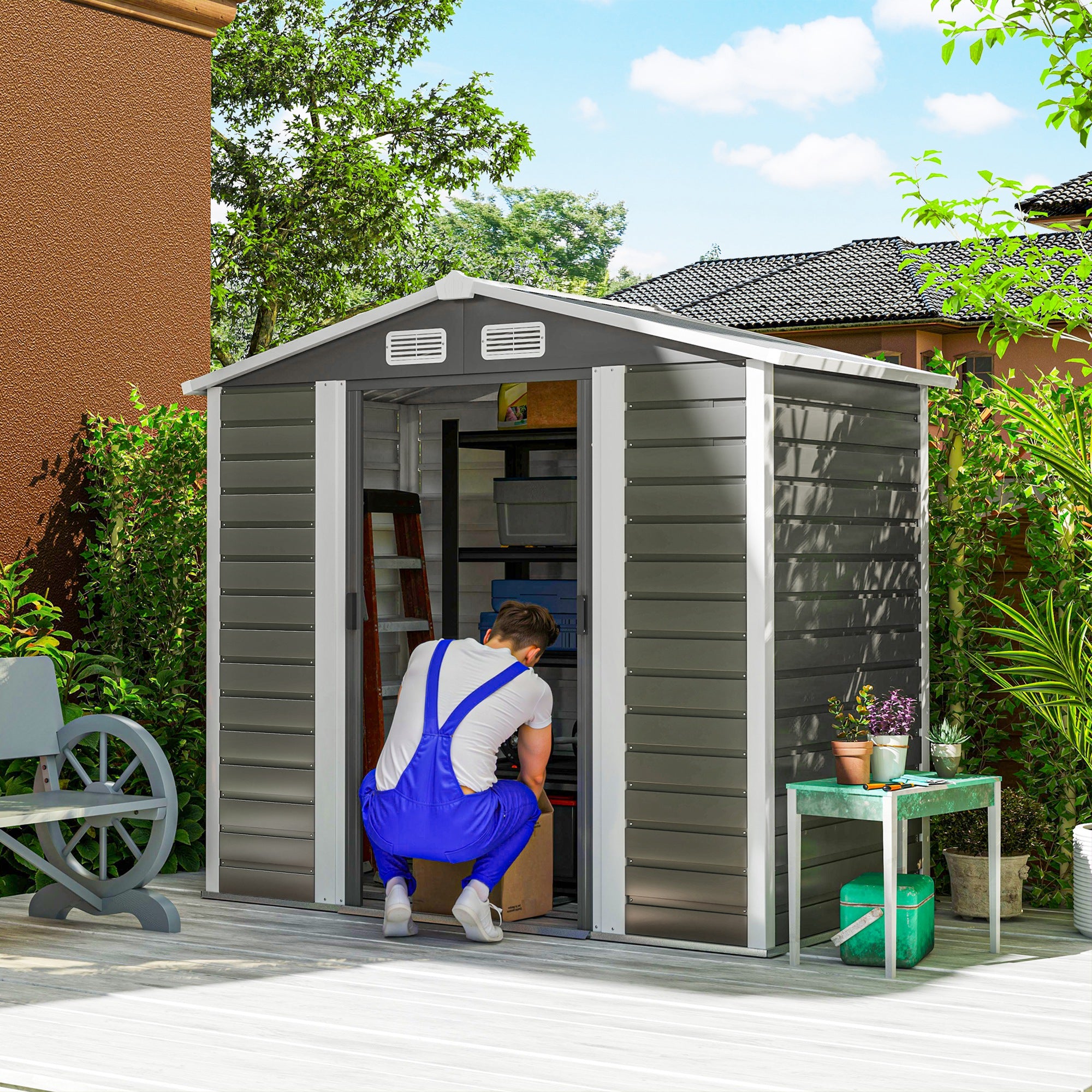 Outsunny 7 x 4ft Garden Shed, Easy to Assemble, Upgraded Galvanised Steel Frame with Foundation Kit, Double Doors with Lock, Outdoor Metal Shed with Vents and Gloves, Garden Storage Shed, Dark Grey - North Peak Garden Furniture