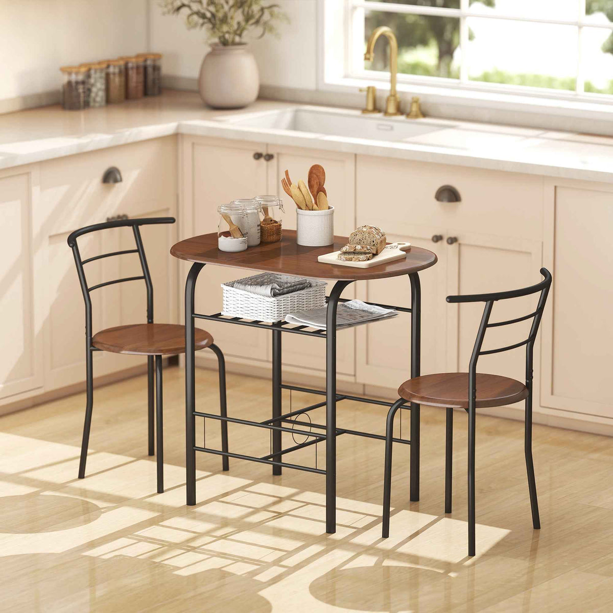 HOMCOM 3-Piece Dining Table Set , Metal Frame Wood Top Breakfast Bar Table Set for 2, Dining Table w/Storage Shelf & 2 chairs